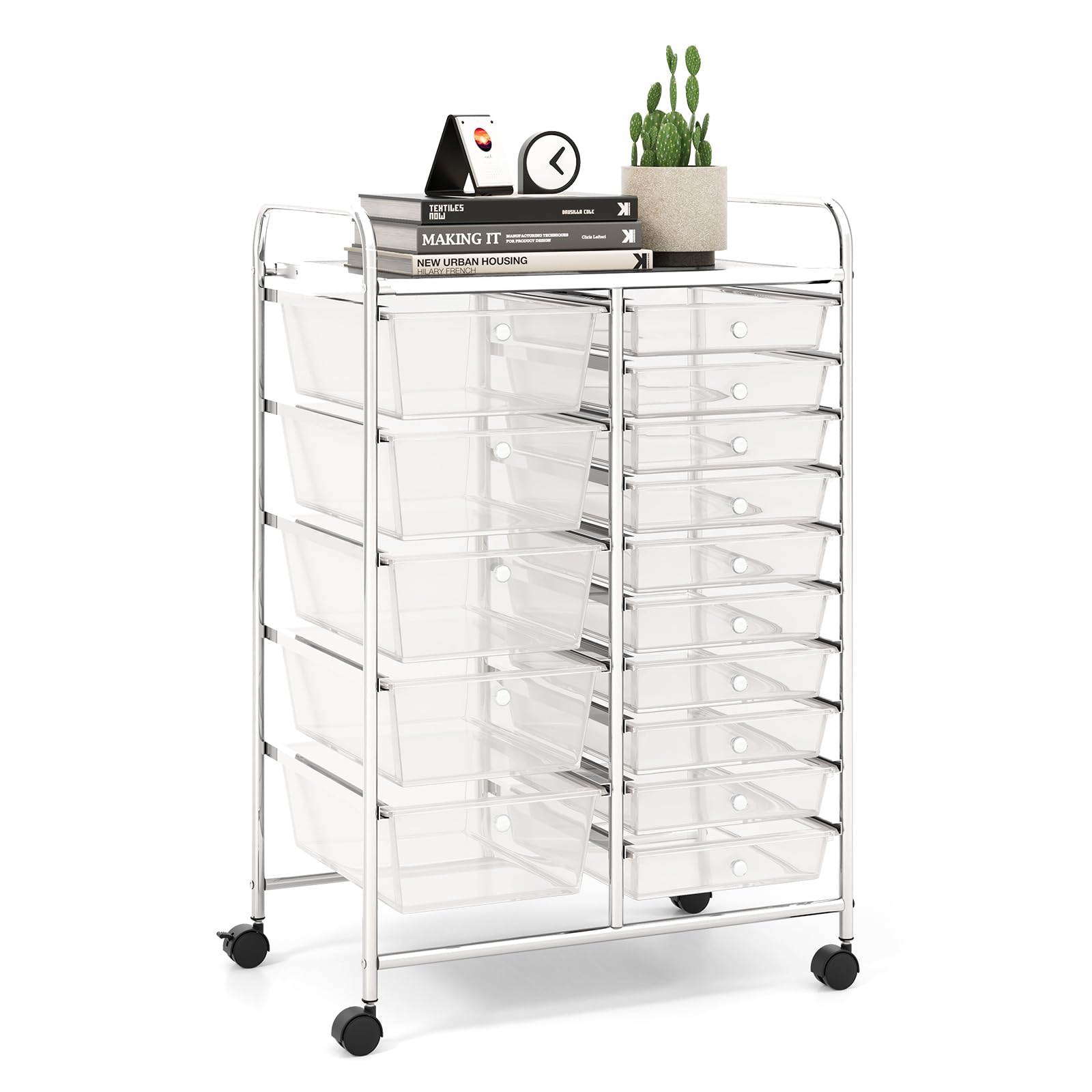LDAILY 15-Drawer Rolling Storage Cart with Durable Metal Frame - Multipurpose Mobile Organizer for Office, School, Craft Room & Home - Perfect for Scrapbook Supplies, Stationery & Tools (Clear)