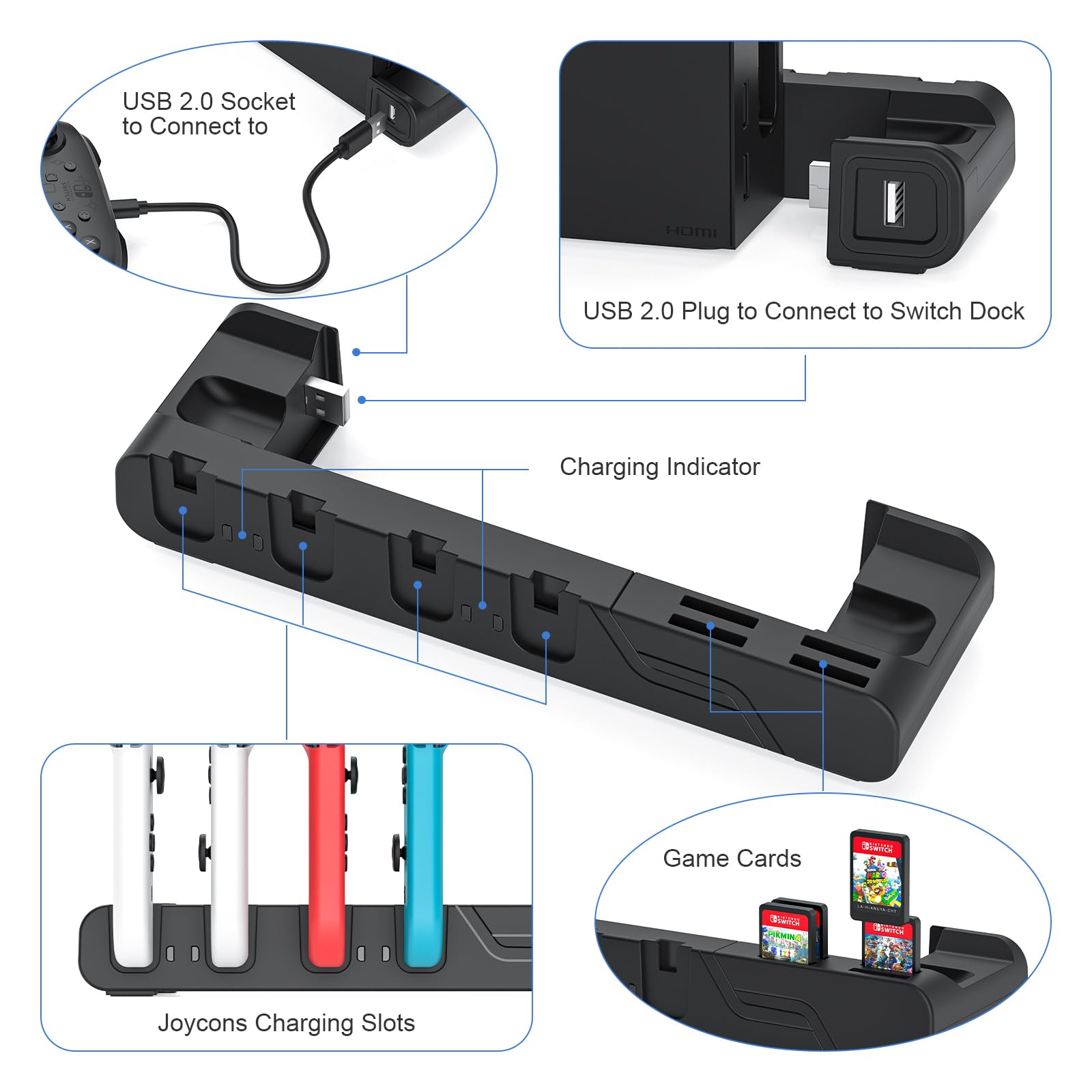 MLIFEMFUL Switch Joycon Charging Dock - 6-Port Fast Charger for Nintendo Switch & OLED Model Joycons with Game Card Storage | Perfect for Gaming Parties, Travel & Multiplayer Sessions
