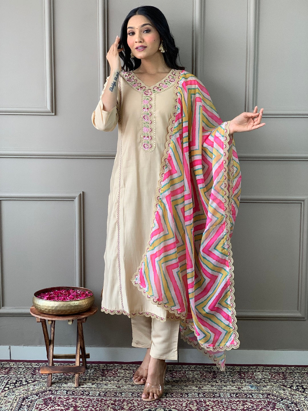 Elegant Beige Designer Party Wear Pant Suit with Printed Embroidery - Formal Outfits for Women's Evening Events & Special Occasions