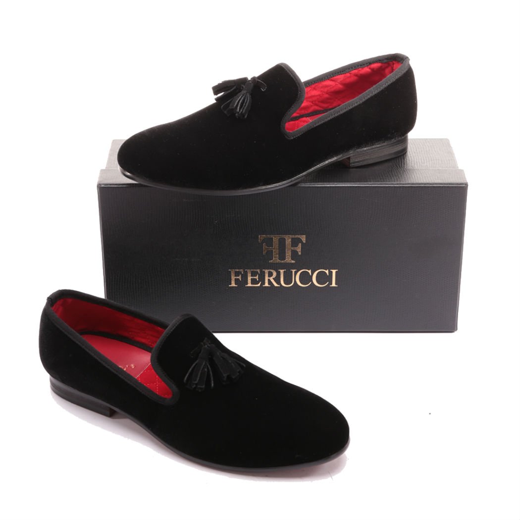 FERUCCI Men's Handmade Black Velvet Smoking Slippers - Tassel Loafers for Formal Wear & Home Comfort