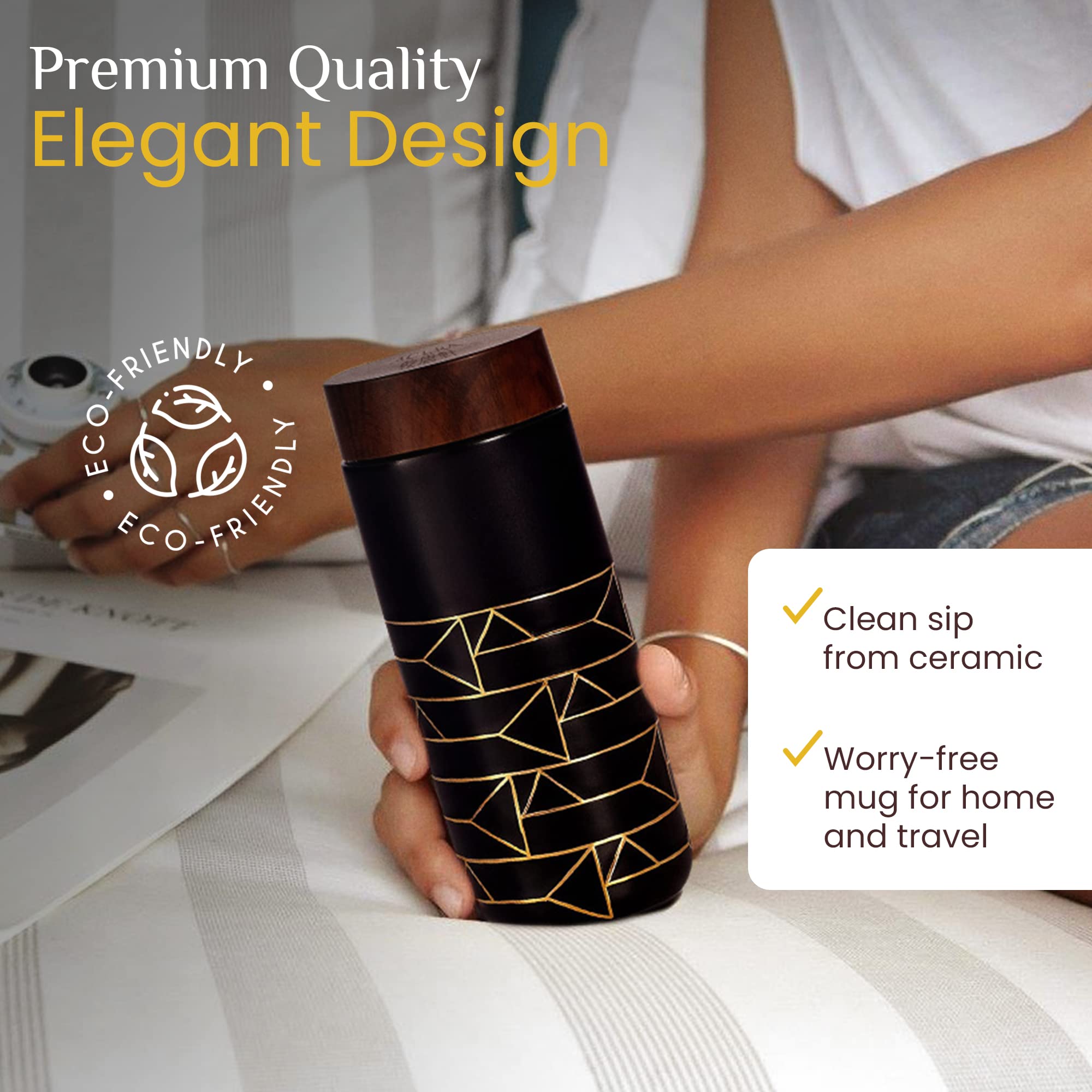 ACERA Liven - Premium Double Wall Insulated Travel Mug with Leak-Proof Lid | Ceramic Tourmaline Water Bottle for Coffee, Tea & Juice | Thermal Tumbler for Office, Gym & Outdoor Adventures (Black)