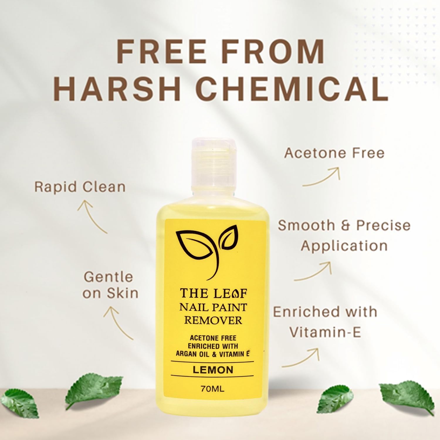 Organic Leaf Nail Polish Remover - Acetone-Free Formula, 70ml Lemon Scent - Gentle Nail Care for Home & Salon Use