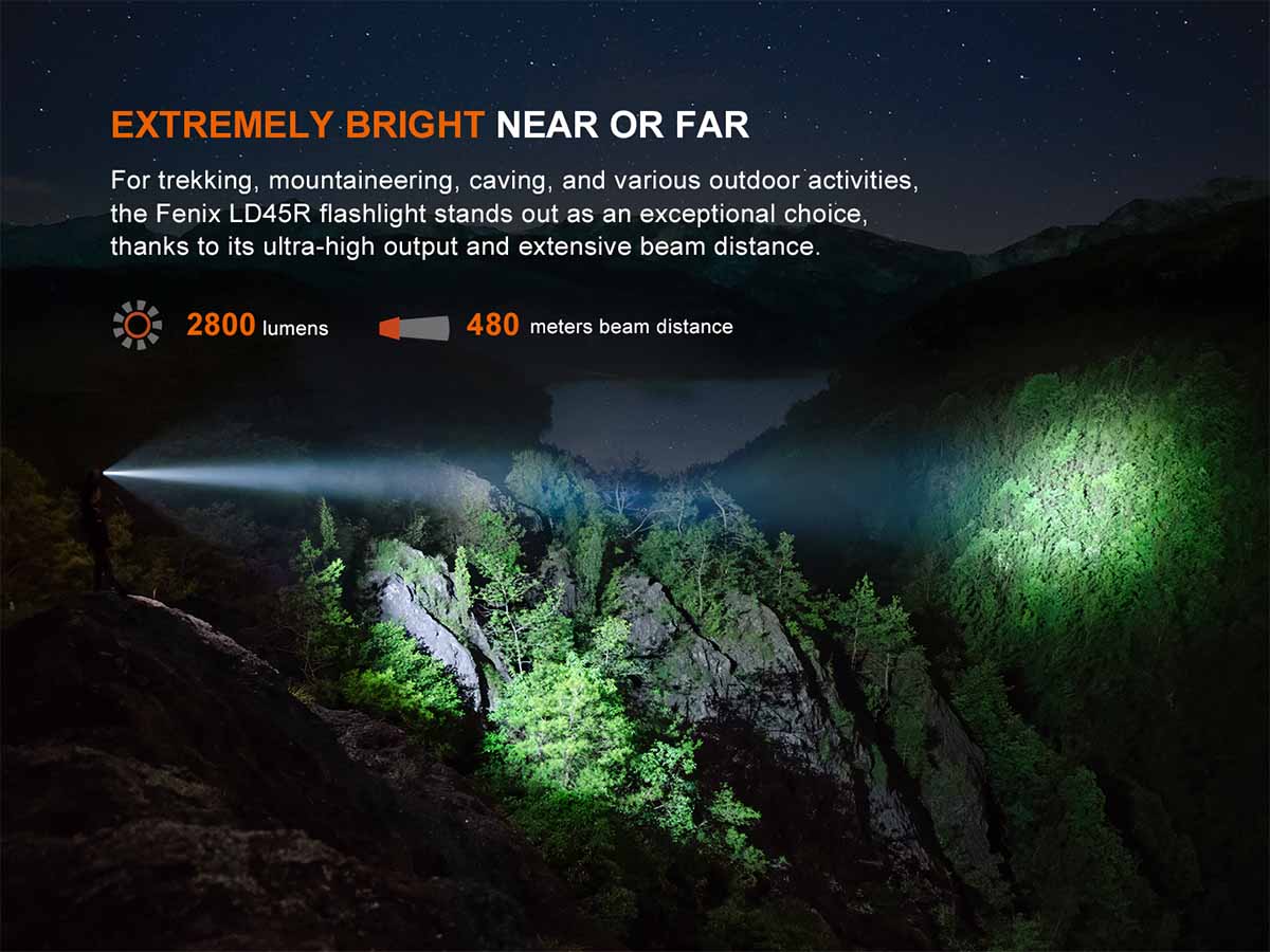 Fenix LD45R Rechargeable Flashlight - 3000 Lumens, Adjustable Beam, IP68 Waterproof - Perfect for Camping, Hiking, and Emergency Use