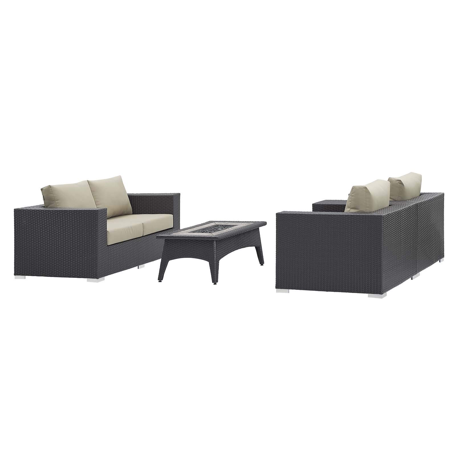 Modern Outdoor Patio Set - Wicker Sofa, Chair & Fire Pit Table for Garden Relaxation