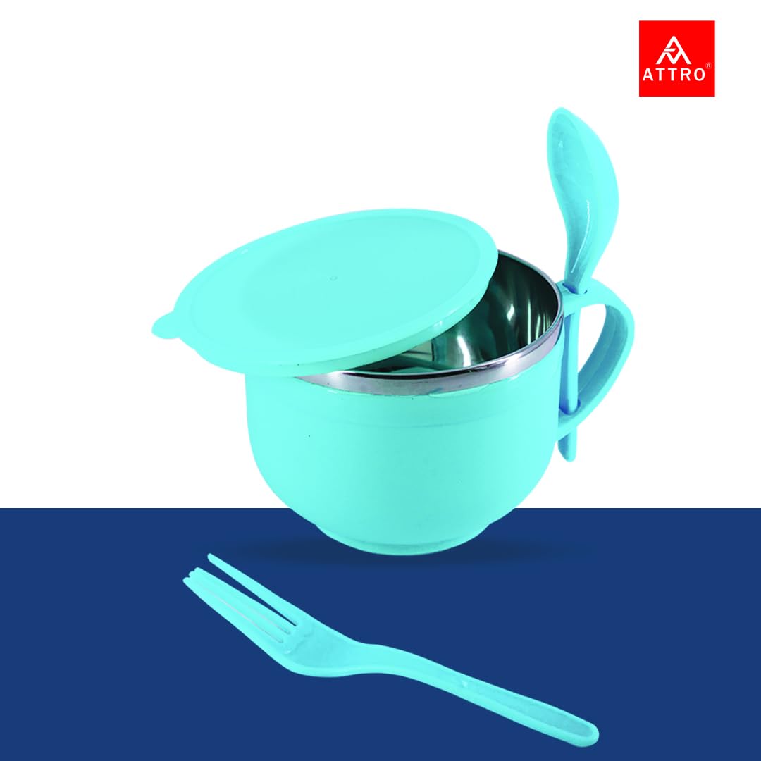 Attro 500ml Stainless Steel Noodle Bowl with Spoon Holder - Lightweight, Stackable, Durable Soup Bowl for Ramen, Maggi & Instant Noodles - Perfect for Camping, Dorm Rooms & Office Lunch (Blue)