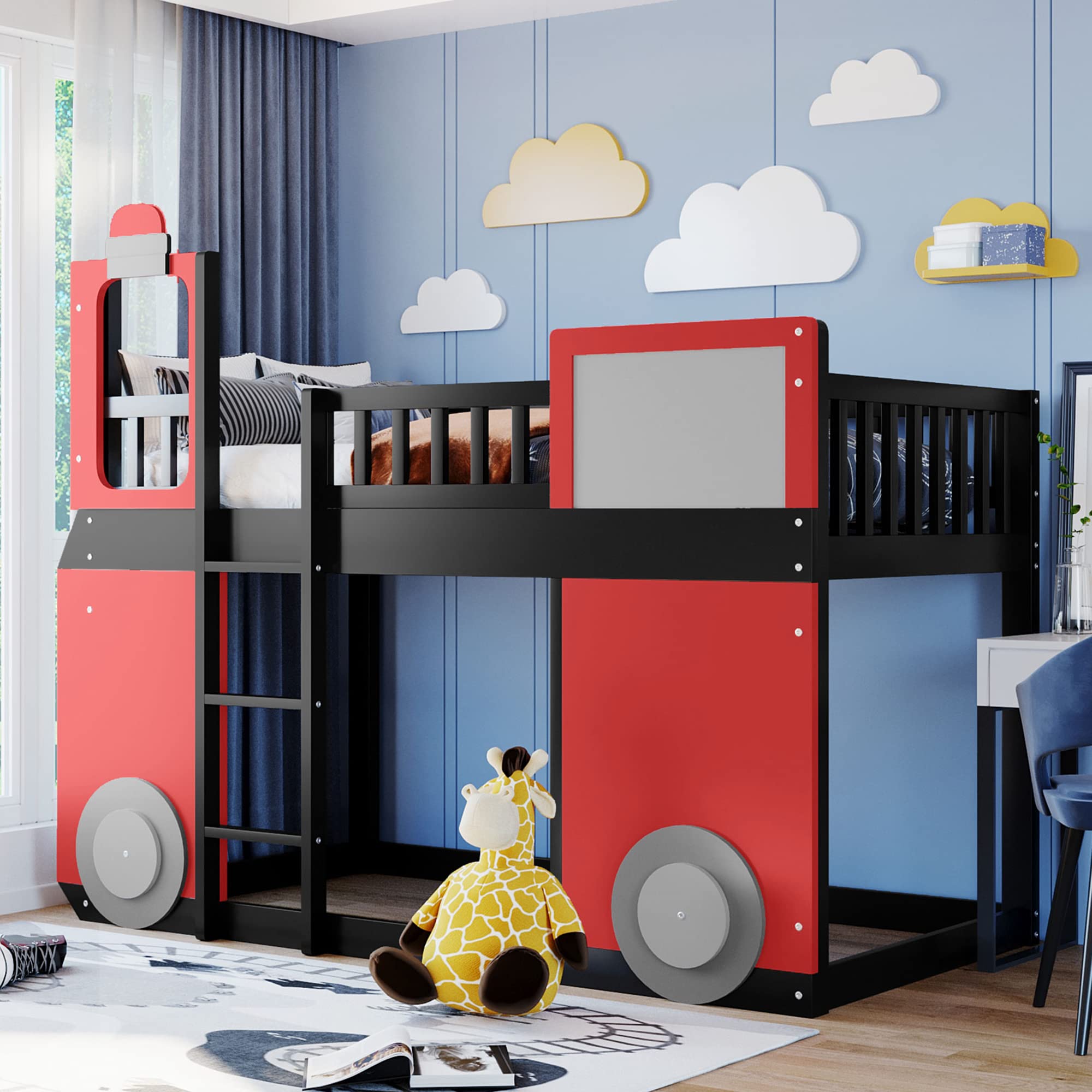 Merax Twin Loft Bed with Ladder - Train Themed Wooden Bunk Bed Frame with Slat Support & Spacious Under-Bed Storage - No Box Spring Needed for Kids, Teens, Boys & Girls (Red) - Perfect for Small Bedrooms, Dorm Rooms & Space-Saving Kids' Rooms