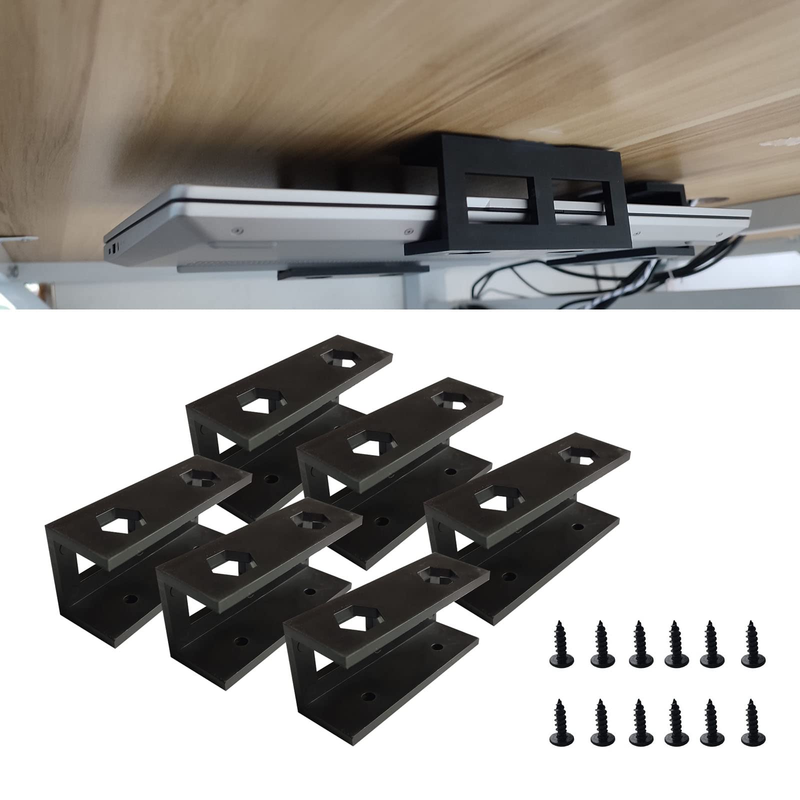 PIAOLGYI 6-Pack Under Desk Laptop Mount Bracket with Screws - Space Saving Laptop/Keyboard Holder for Home Office, Gaming & Workspace Organization