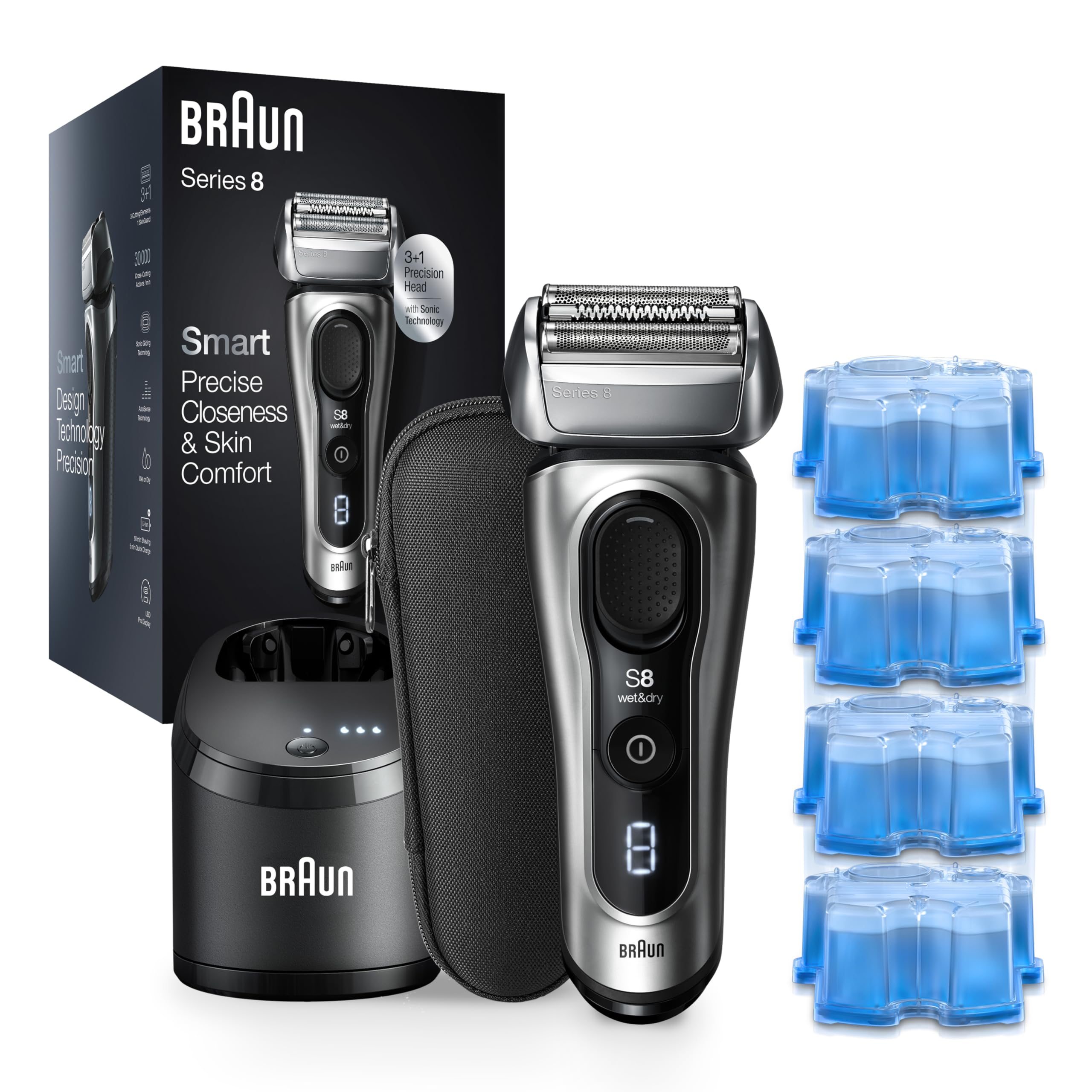 Braun Series 8 8467cc Men's Electric Foil Shaver with Precision Beard Trimmer - SmartCare Cleaning & Charging Center - Includes 6 Galvano Silver Clean & Renew Refill Cartridges - Perfect for Travel & Daily Grooming