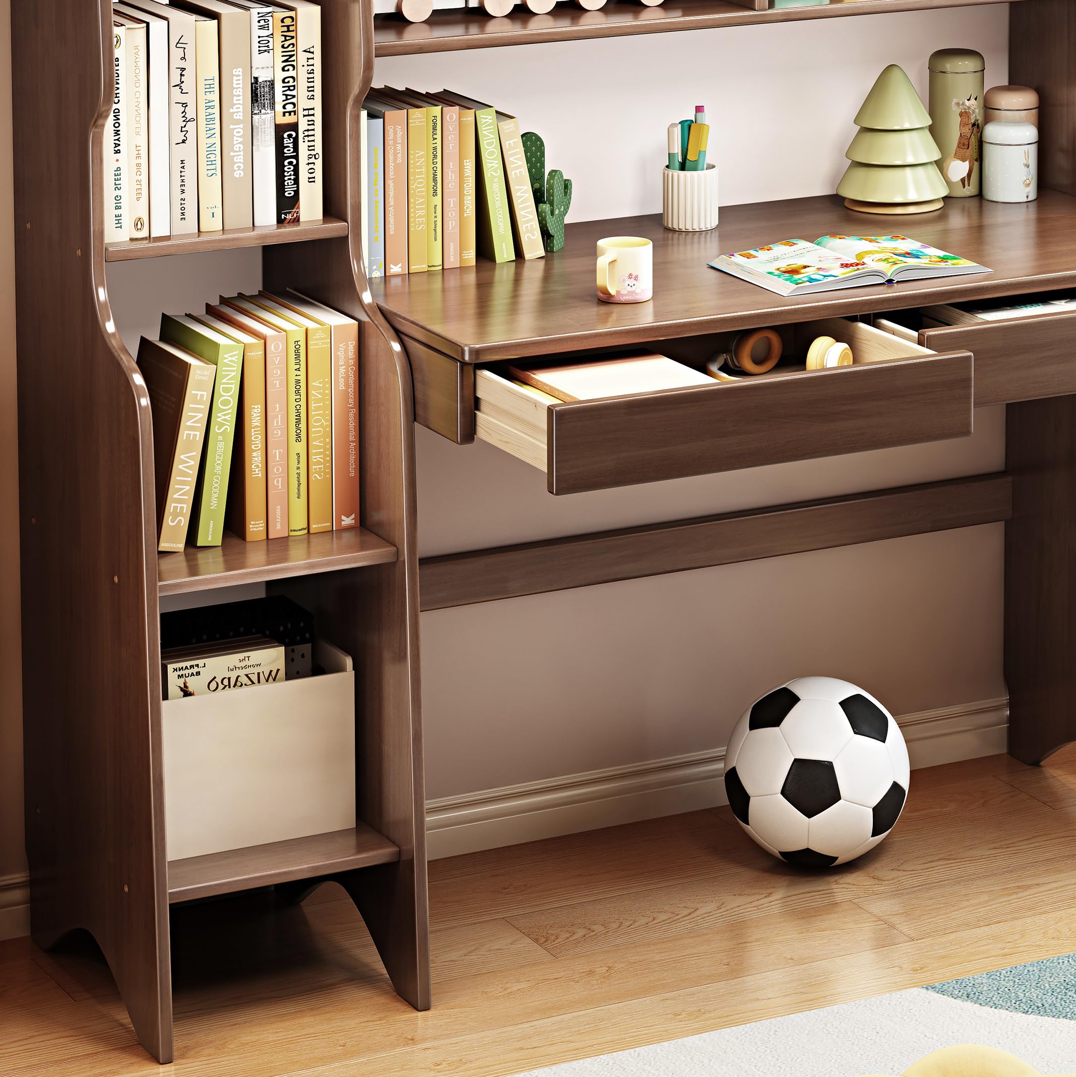 Kids Study Desk and Chair Set with Drawers & Bookshelf - Solid Rubber Wood Children's Learning Table, Computer Workstation, Writing Desk for Home & School (Brown) - Perfect for Homework, Online Classes & Creative Activities