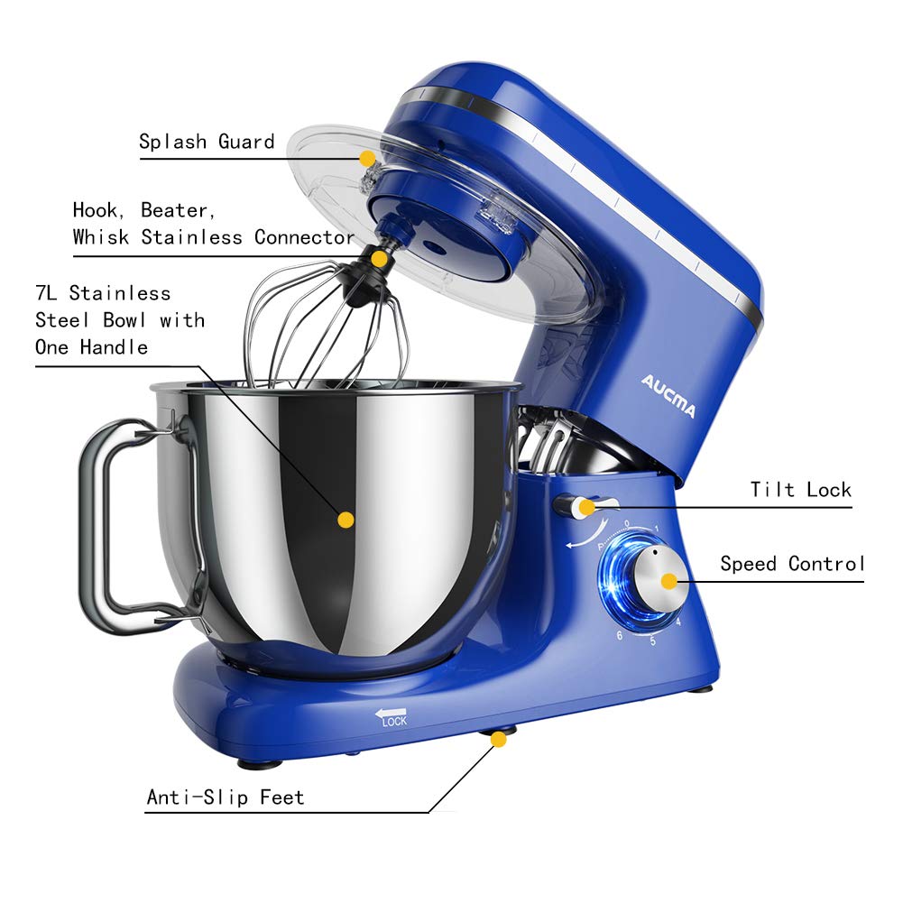 Aucma 7.4QT 6-Speed Tilt-Head Stand Mixer - Electric Kitchen Mixer with Dough Hook, Wire Whip & Beater (Royal Blue) - Perfect for Baking Cakes, Cookies, Bread & More