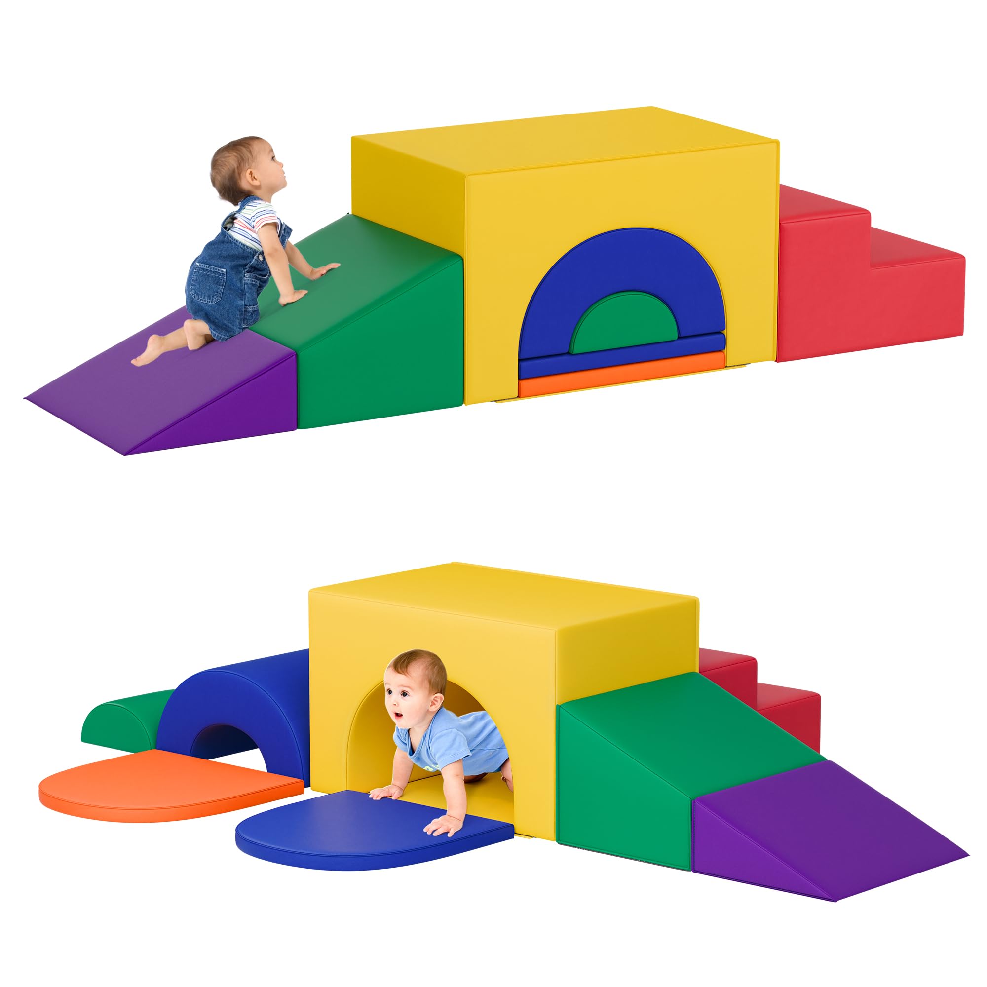 Soft Foam Climbing Blocks Set for Toddlers - 5-in-1 Safe Play Gym with Crawling Arch, Slide & Soft Play Mats | Non-Toxic Nursery & Preschool Playset in Classic Colors | Perfect for Indoor Playrooms, Daycare Centers & Home Toddler Gym