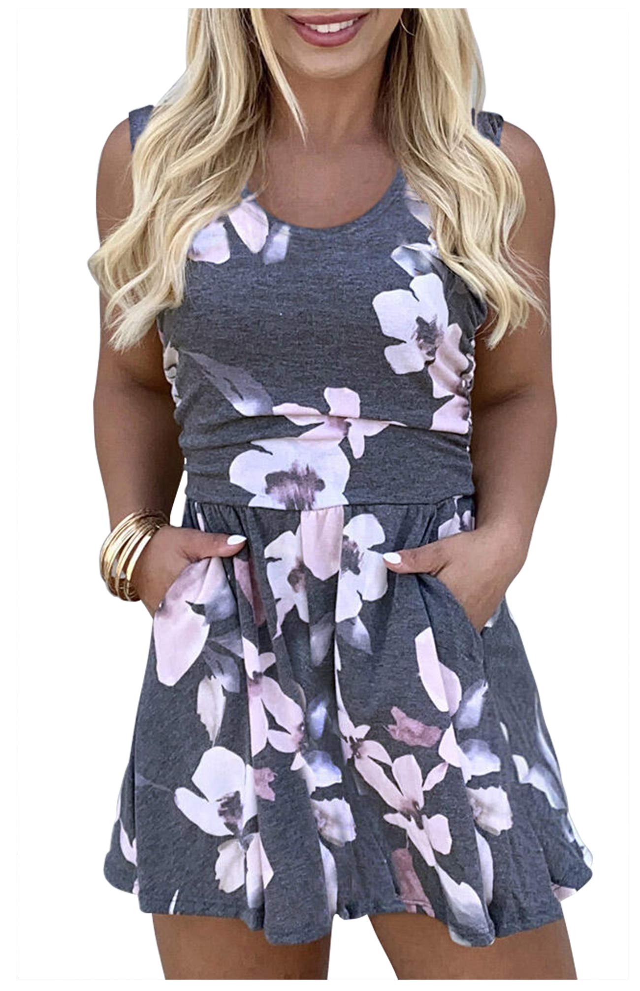 Floral Ruffle Summer Casual Swing T-Shirt Dress for Women - Beach Cover Up, Mini Dress, Retro Sleeveless Pocket Tank Dress - Perfect for Beach Outings, Vacations & Summer Parties