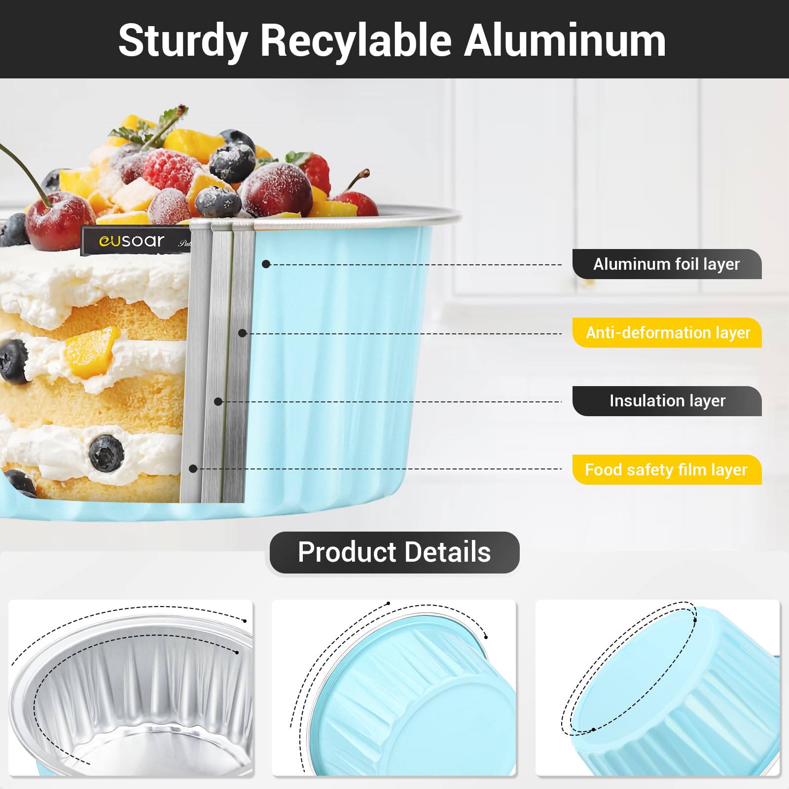 EUSOAR 50pcs 5oz Aluminum Foil Baking Cups - Reusable Cupcake Muffin Liners with Lids, Light Blue - Perfect for Baking, Dessert Containers, Party Treats & Food Storage