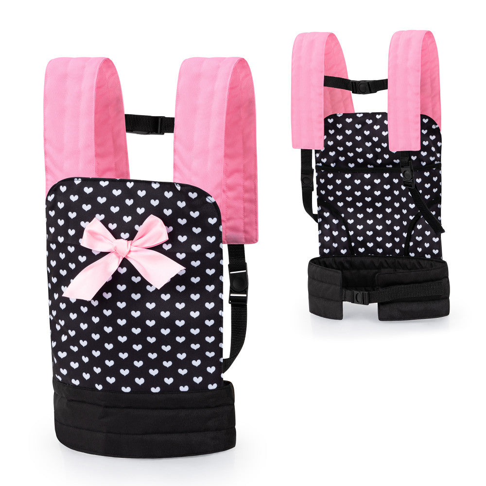Bayer Design Adjustable Heart Pattern Doll Carrier for Baby Girls - Pink & Black Baby Sling for Toddler Playtime, Outings & Parenting Comfort