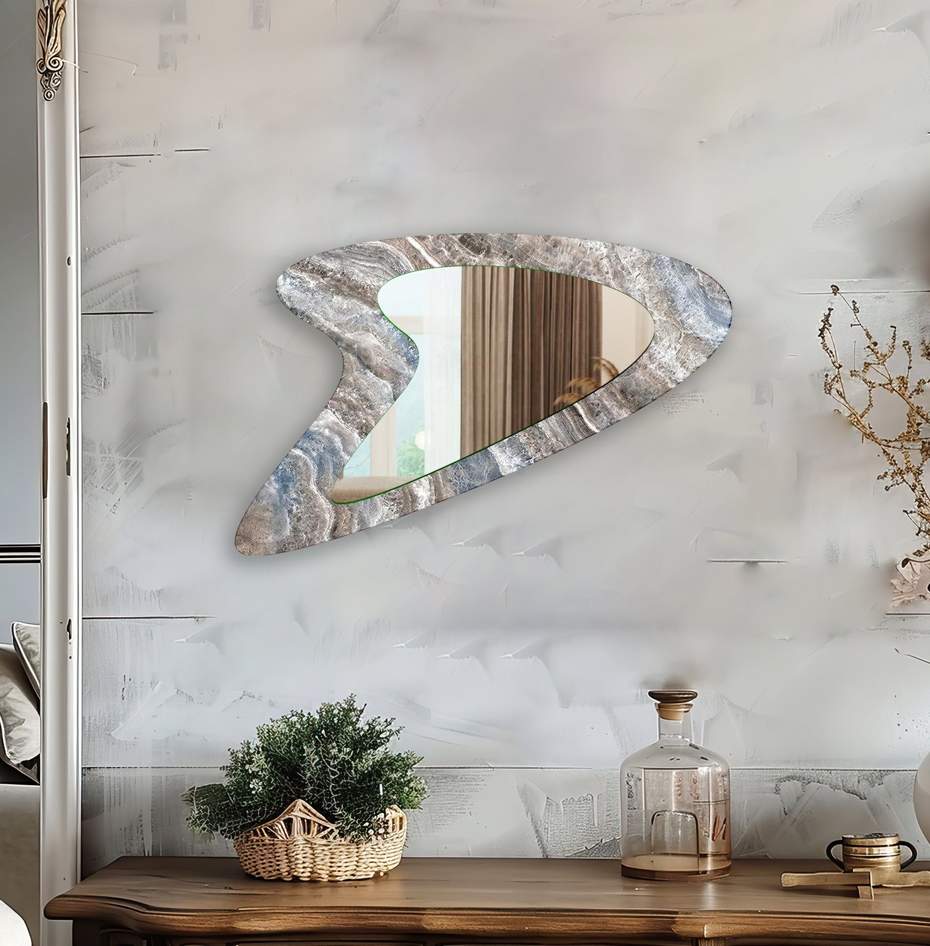 Modern Blue & Beige Marble Wall Mirror - Elegant Home Decor for Living Room, Bedroom, or Entryway