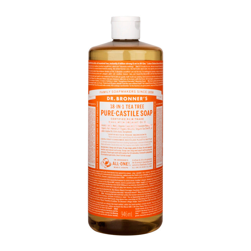Dr. Bronner's Organic Tea Tree Pure-Castile Liquid Soap - 18-in-1 Uses, 32oz (946ml) - Vegan, Cruelty-Free for Face, Body, Hair & Home Cleaning