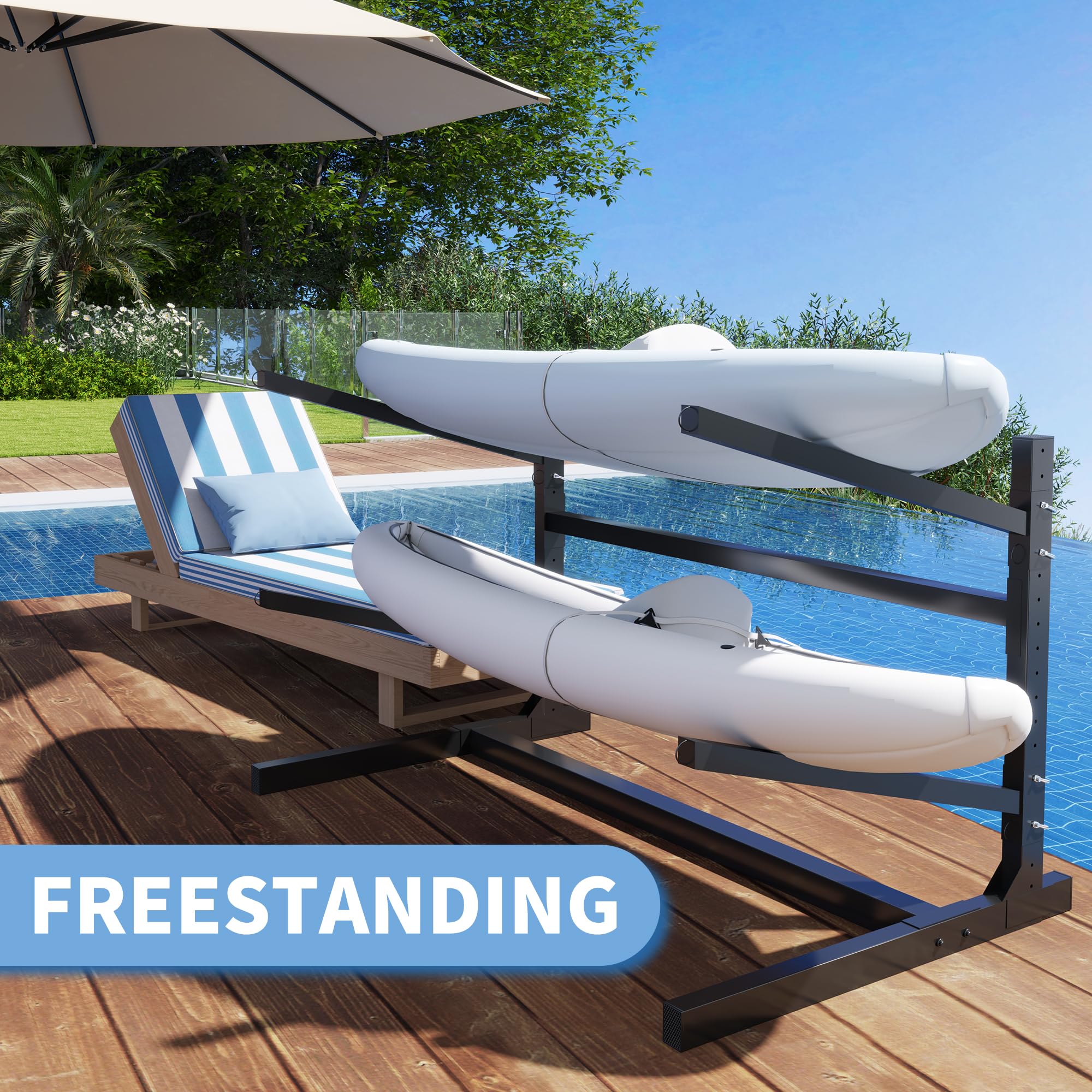 Freestanding Kayak Storage Rack for 2 Kayaks with Wheels - Heavy Duty Metal Indoor Kayak Stand for Garage, Canoes, SUP, Paddle Boards & Surfboards - Perfect for Home, Marina & Outdoor Storage