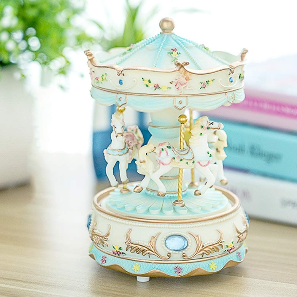 Romantic LED Musical Jewelry Box with Color Changing Lights - Luxury Carousel Resin Music Box for Valentine's Day, Wedding, Birthday & Christmas Gifts - Perfect for Home Decor, Kids Toys & Romantic Surprises (Blue)
