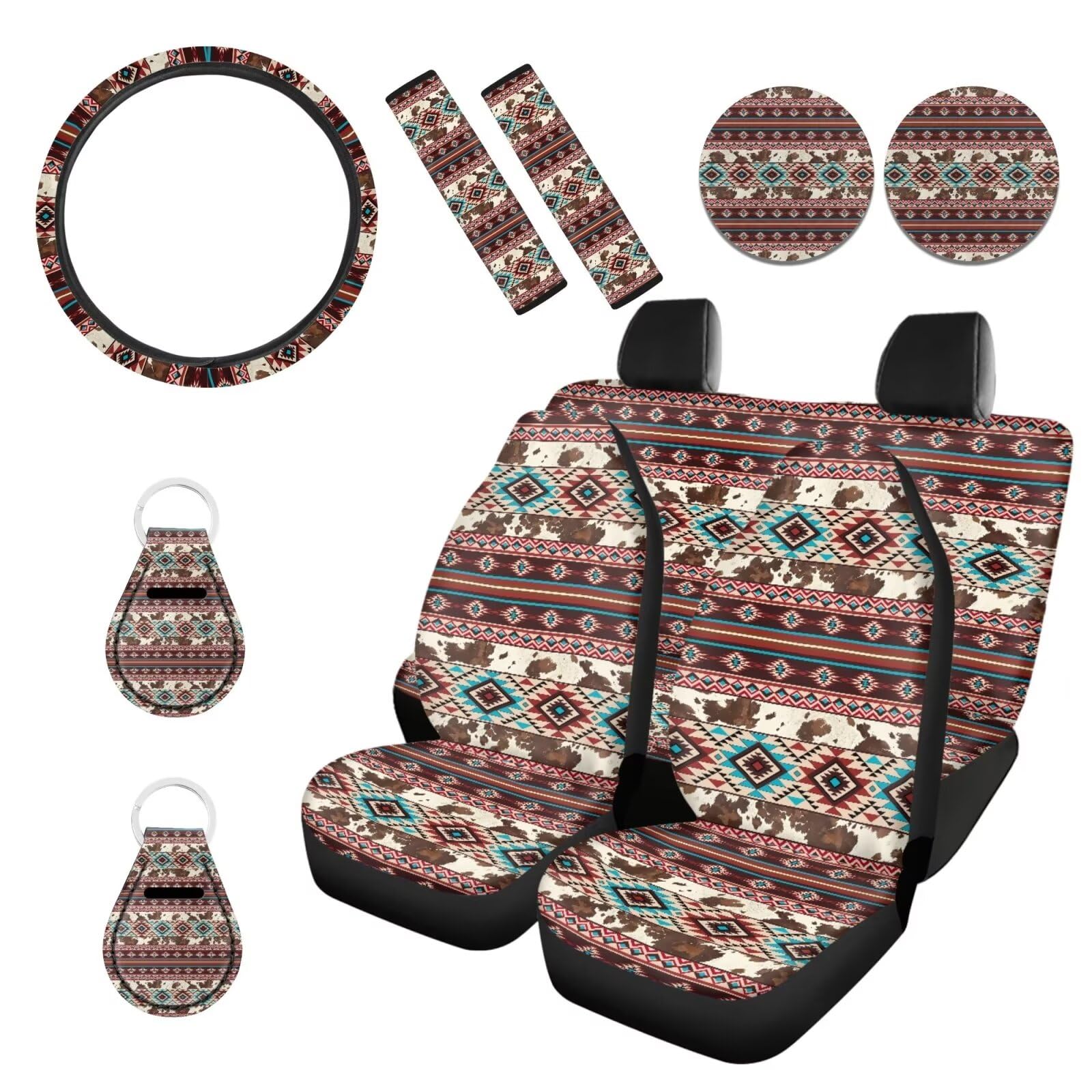 Aztec Brown Cow Print Car Accessories Set - 11 PCS Universal Car Seat Covers, Steering Wheel Cover, Seat Belt Pad & Cup Holder Key Chains for Most Vehicles | Perfect for Road Trips, Daily Commute & Car Interior Decoration