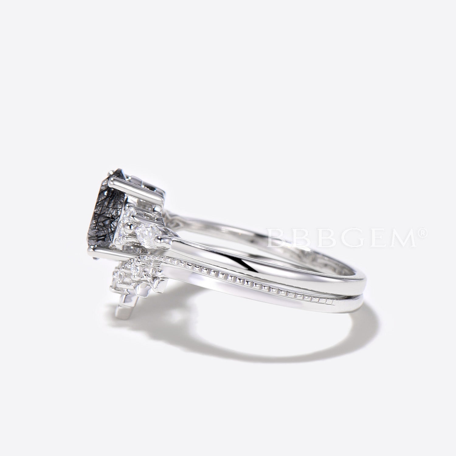 Oval Black Rutilated Quartz Engagement Ring - 14K White Gold Moissanite Bridal Set for Women - Perfect for Weddings, Anniversaries & Romantic Proposals