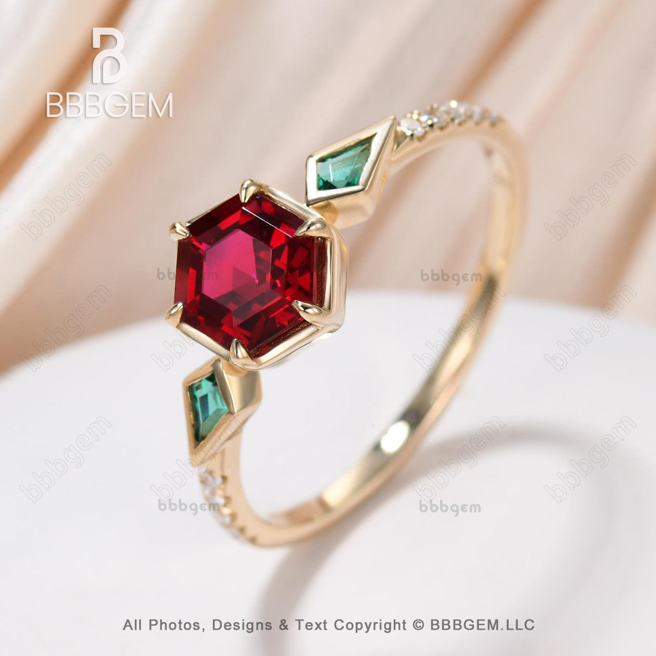 Unique Hexagon Garnet and Emerald Engagement Ring - Bezel Set Rose Gold Wedding Band for Women - Perfect for Proposals, Anniversaries, and Special Occasions