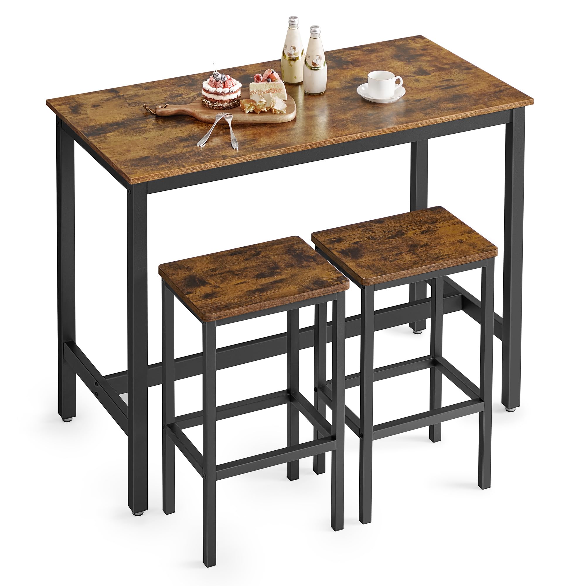 VASAGLE Industrial Bar Table Set with 2 Bar Stools - Rustic Brown and Black Kitchen Counter Height Dining Set for Living Room, Party Room, and Home Bar Decor ULBT15X