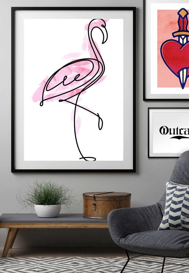Flamingo Feathers Line Art Print - Tropical Pink Flamingo Wall Decor for Beach House, Nursery & Boho Style Rooms