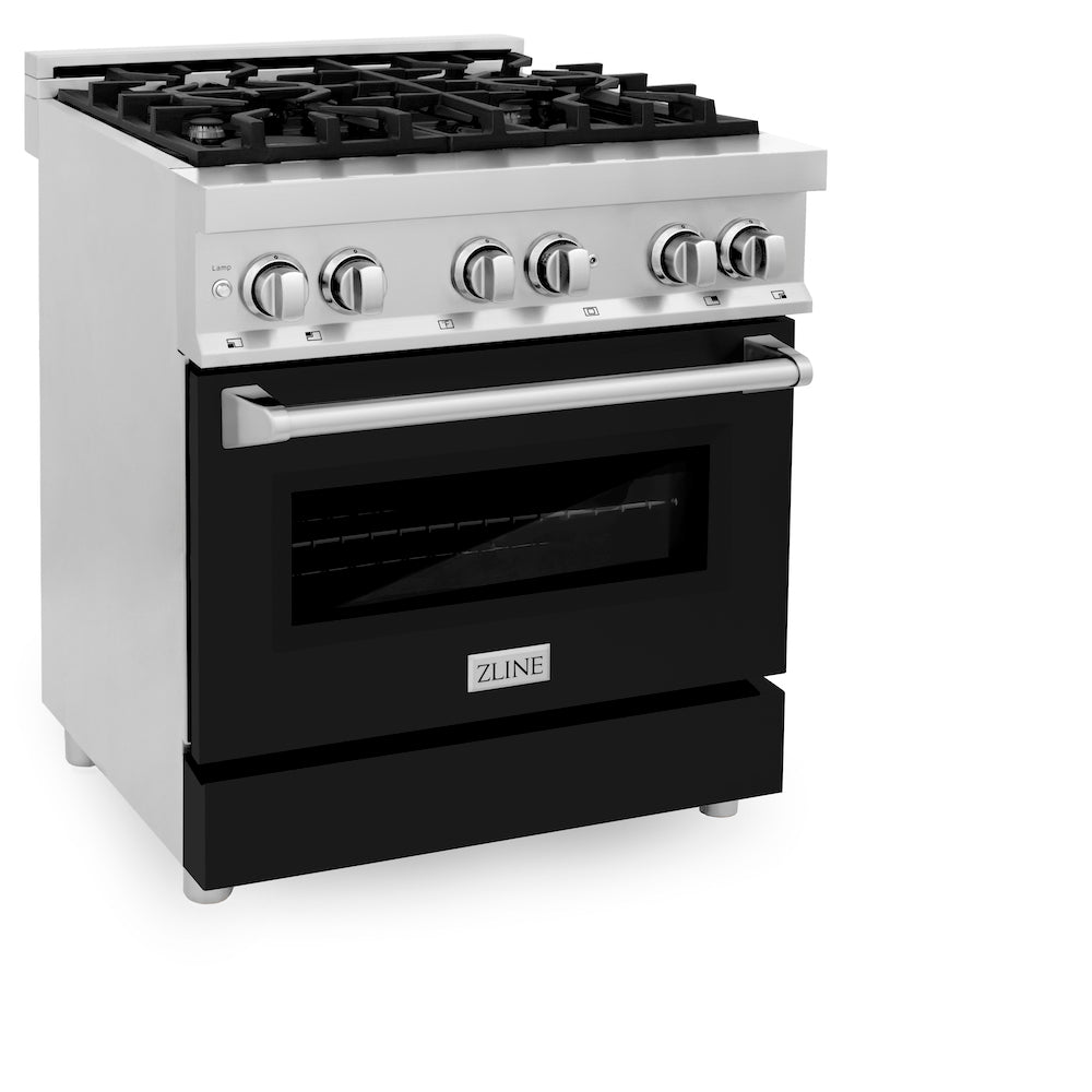 ZLINE 30-inch 4.0 cu. ft. Dual Fuel Range with 4 Burner Gas Cooktop & Electric Convection Oven - Stainless Steel with Black Matte Door (RA BLM 30) - Perfect for Modern Kitchens, Home Chefs & Professional Cooking