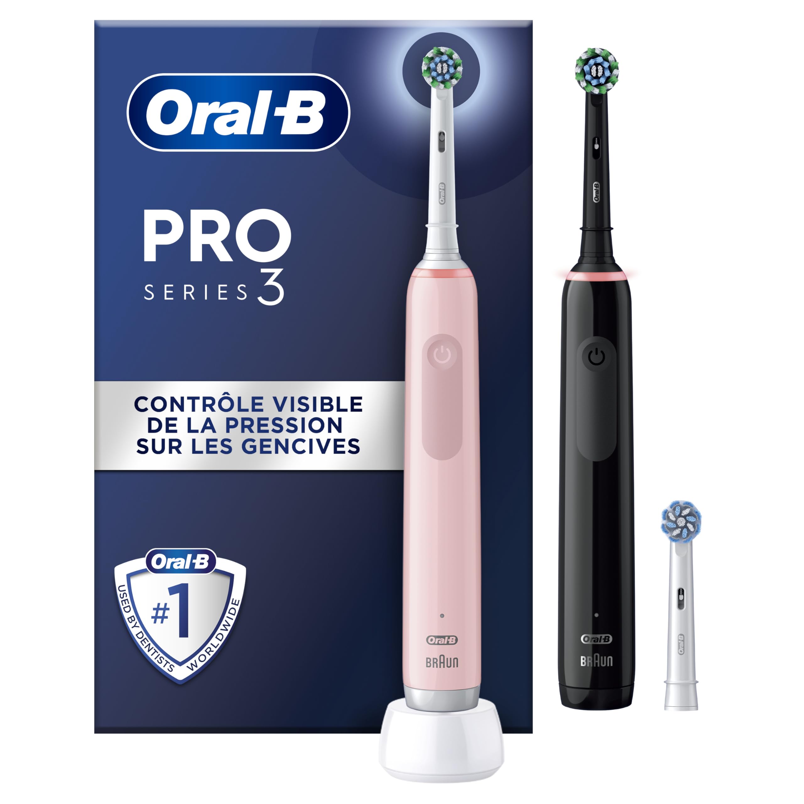 Oral-B Pro 3 3900N Electric Toothbrush 2-Pack with Pressure Sensor for Sensitive Gums, Soft Round Brush Heads, 3 Replacement Heads & Charger - Pink & Black (Ideal for Travel & Family Use)