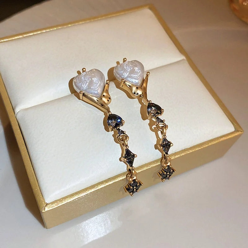 Luxury Black Heart Pearl Drop Earrings for Women - 925 Sterling Silver Dangle Earrings | Perfect for Weddings, Parties & Special Occasions | HE13351