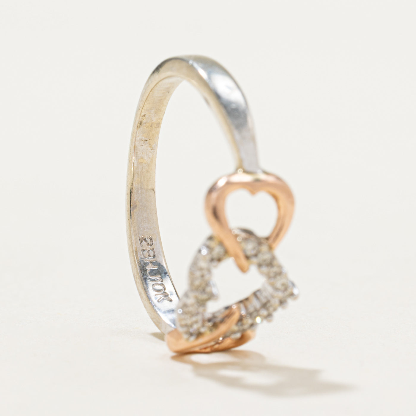 10K Two Tone Gold Diamond Triple Heart Ring | 0.05ctw | Size 4.75 | Elegant Valentine's Day Gift, Anniversary Jewelry, Romantic Proposal Ring for Her