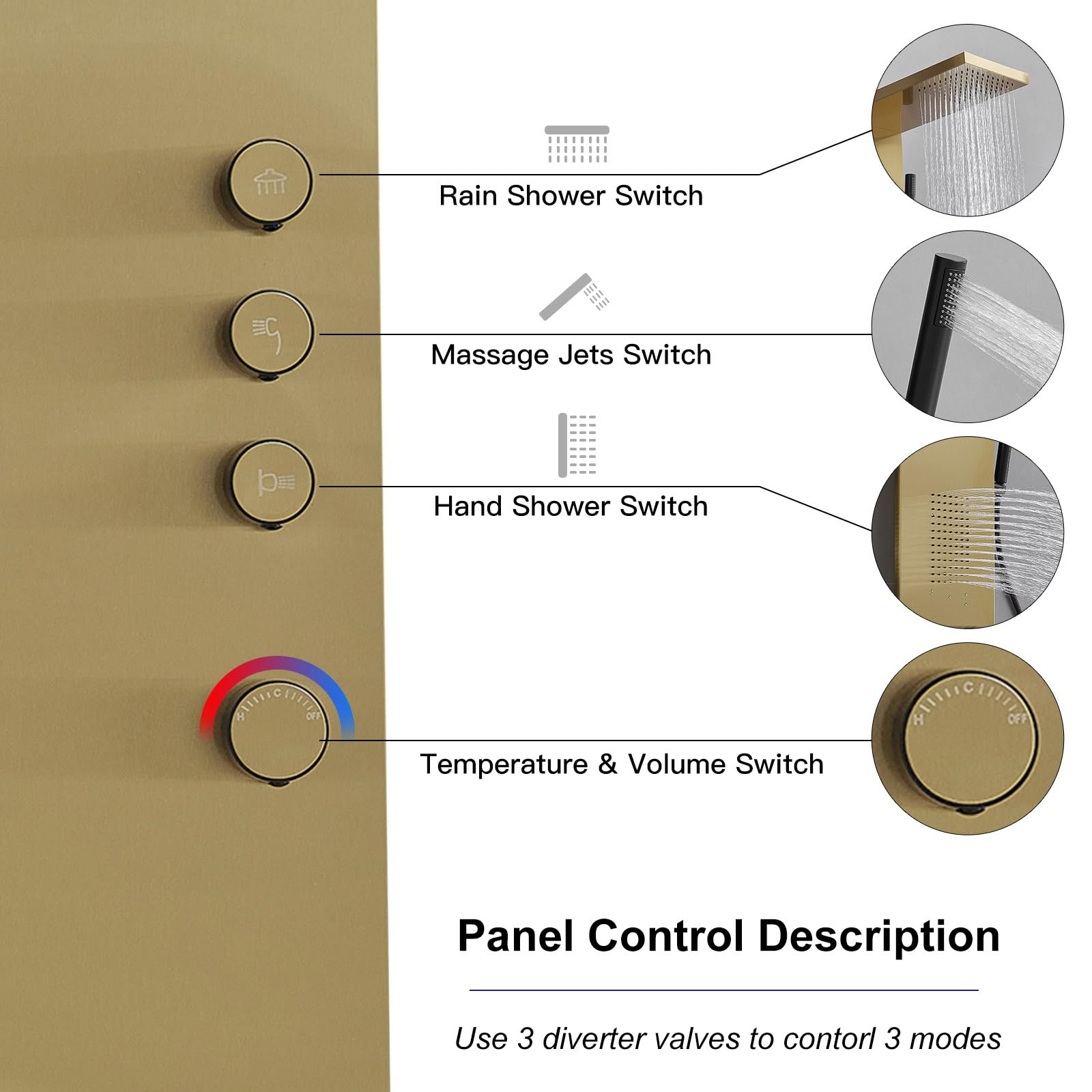 Brushed Gold Shower Tower Panel System with Body Jet Massage & Rainfall Hand Shower - High Pressure Bathroom Fixture for Spa-Like Experience | Perfect for Master Bathrooms & Luxury Home Renovations