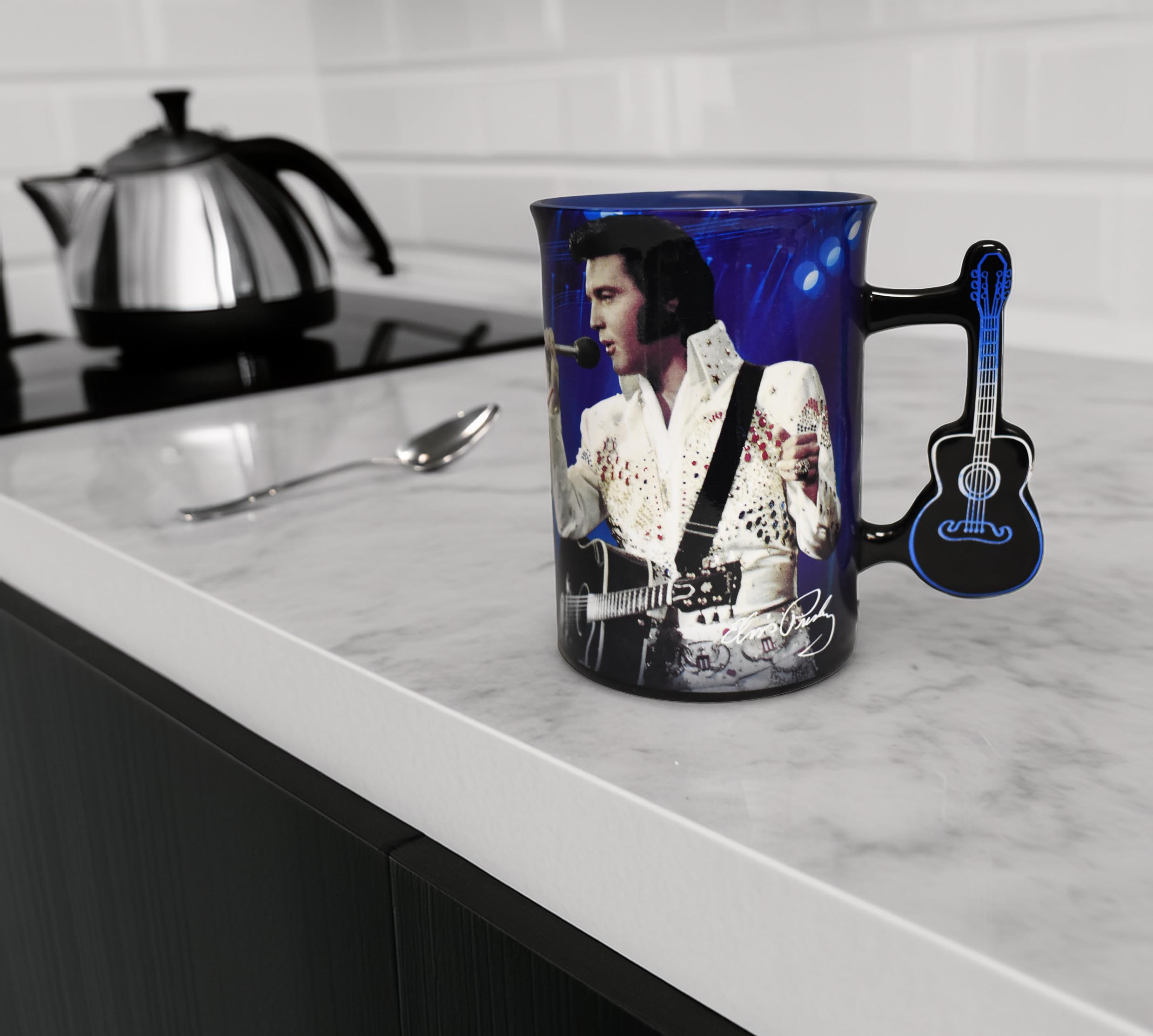 Elvis Presley Ceramic Coffee Mug with Guitar-Shaped Handle - 16oz White Jumpsuit Design Collector's Cup for Elvis Fans - Perfect for Morning Coffee, Office Use & Gift for Music Lovers