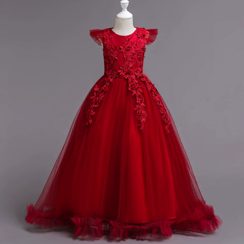 Elegant A-Line Round Floor Length Lace Flower Girl Dress in Red - Perfect for Weddings, Parties & Special Occasions