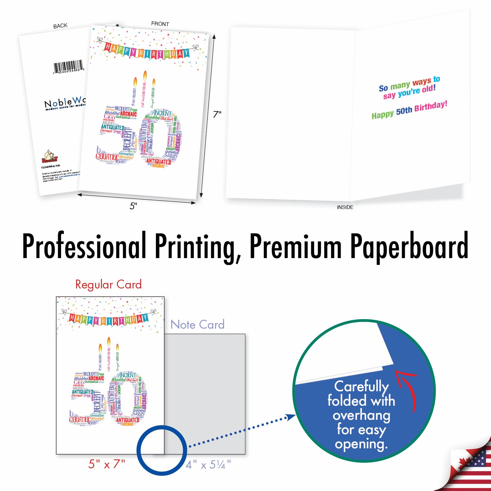 Funny 50th Birthday Card - Milestone 50 Years Celebration Notecard with Envelope - Humorous Word Cloud Design C3249MBG - Perfect for Husband, Wife, Friend & Coworker Birthday Gifts