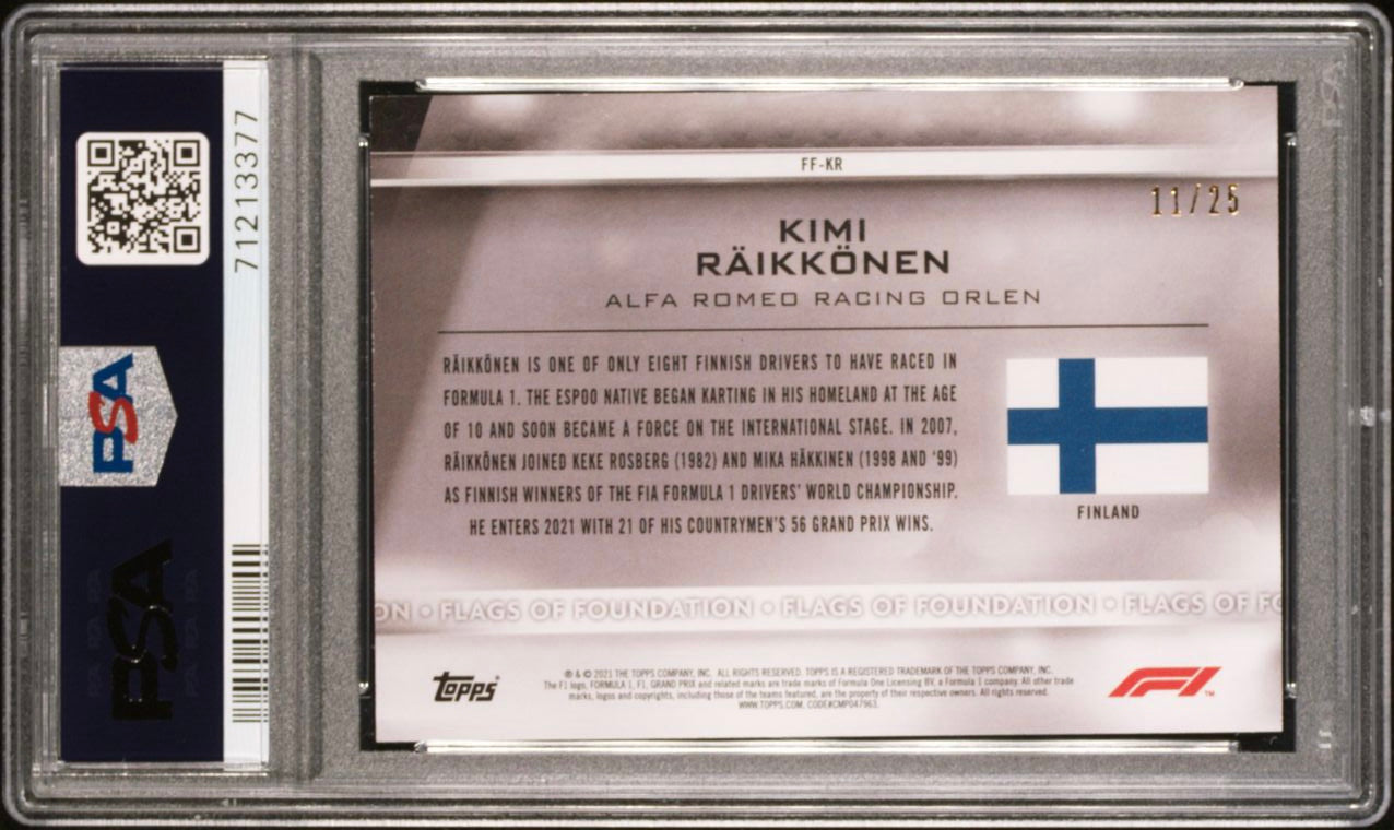 PSA 9 Graded Kimi Raikkonen #FF KM Flags Of Foundation Orange - 25/25 Limited Edition - Perfect for F1 Collectors & Motorsport Memorabilia Displays