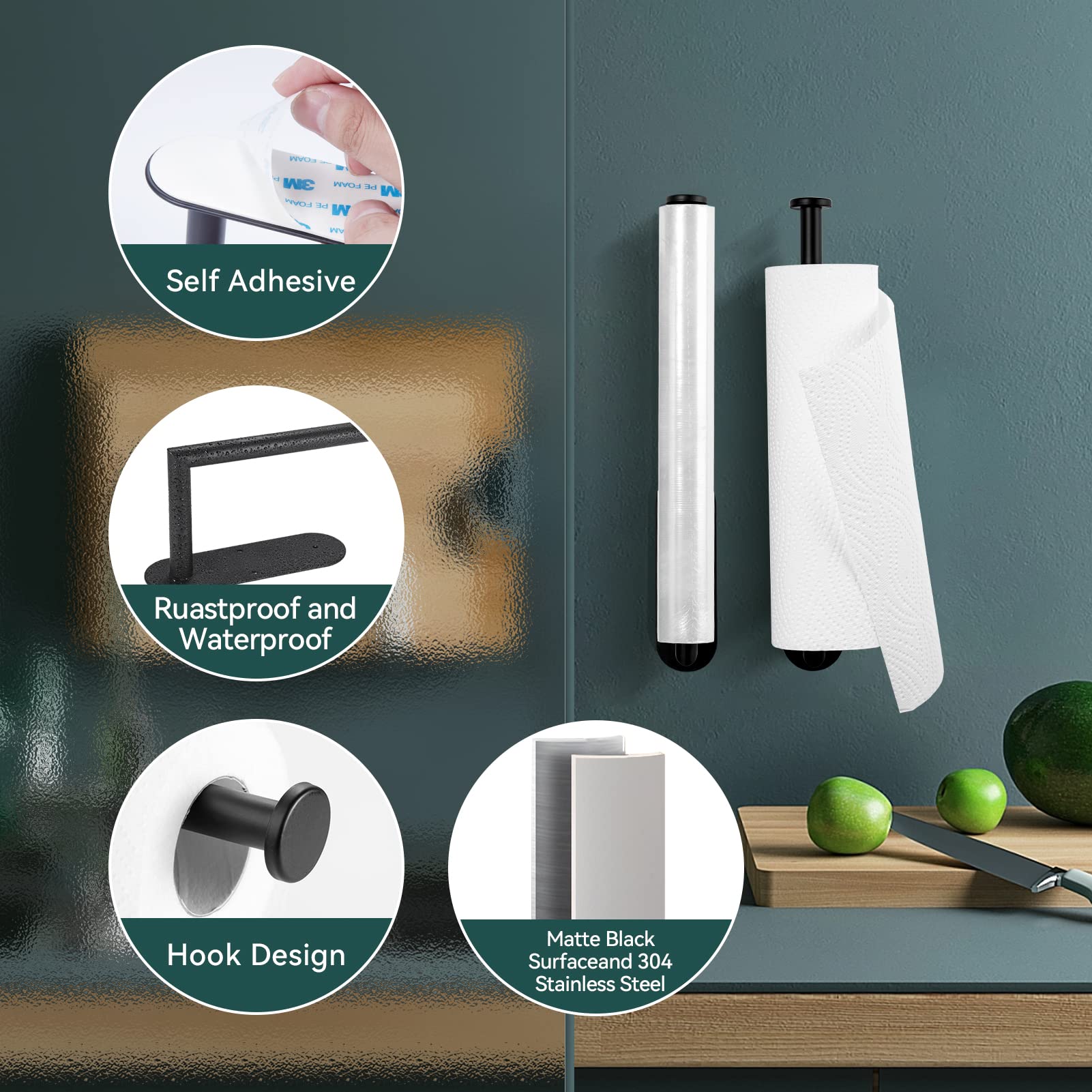 Upgraded Under Cabinet Kitchen Roll Holder - 304 Stainless Steel Wall Mounted Toilet Paper Towel Holder with Self Adhesive or Drilling Installation for Kitchen, Bathroom, Pantry, RV - Perfect for Small Spaces & Organization (Black)
