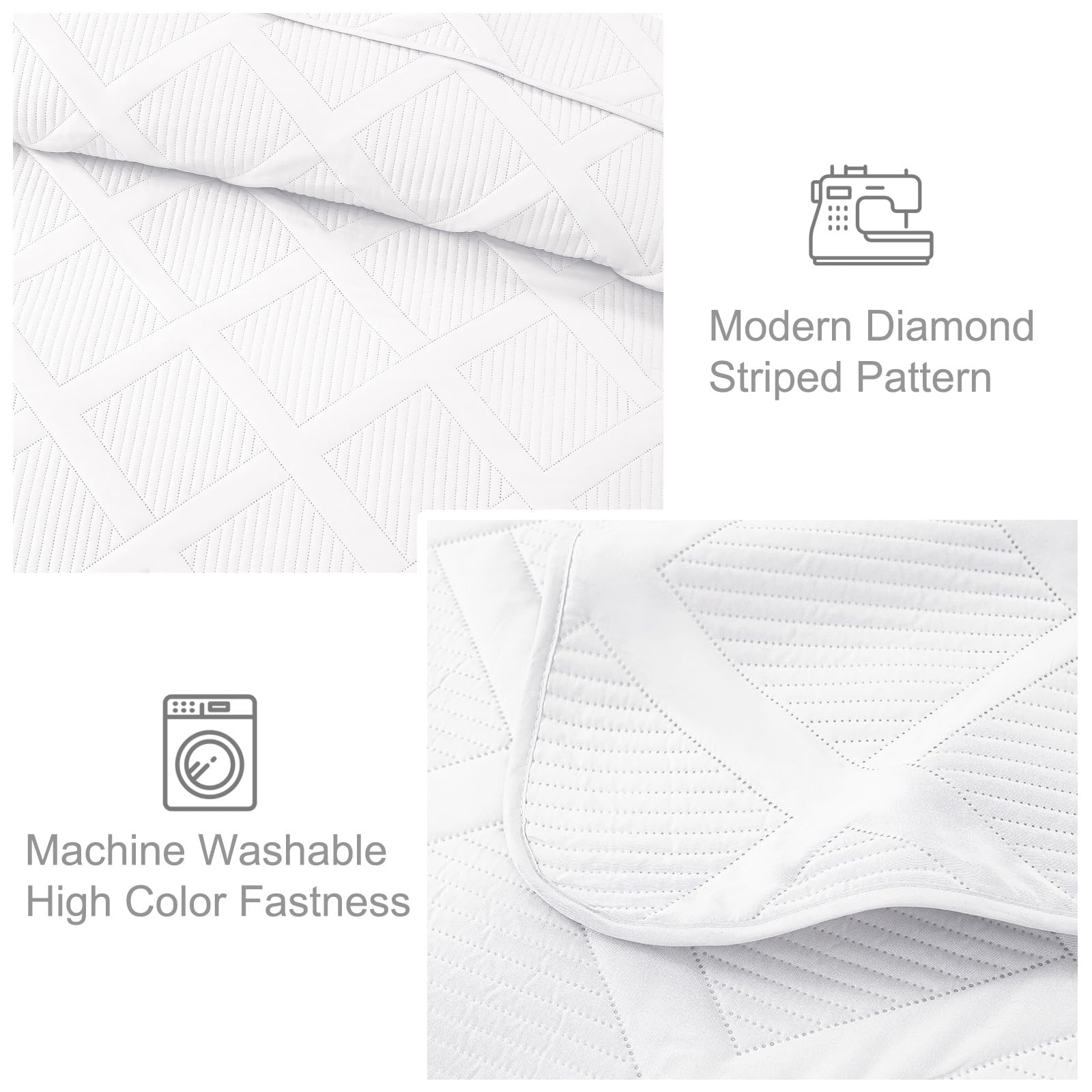 Exclusive Full Queen Size Quilt Set with Modern Striped Pattern - 3 Piece Lightweight White Bedding Set, Soft All-Season Bedspread & Coverlet for Bedroom, Guest Room, Dorm Decor
