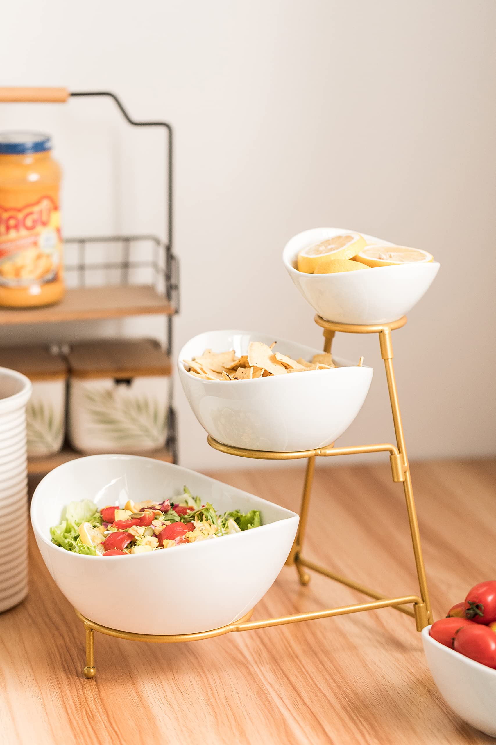 LAUCHUH 3-Tier Collapsible Serving Stand with Porcelain Bowls - Sturdy Dessert & Fruit Display Rack for Parties, Weddings & Home Entertaining