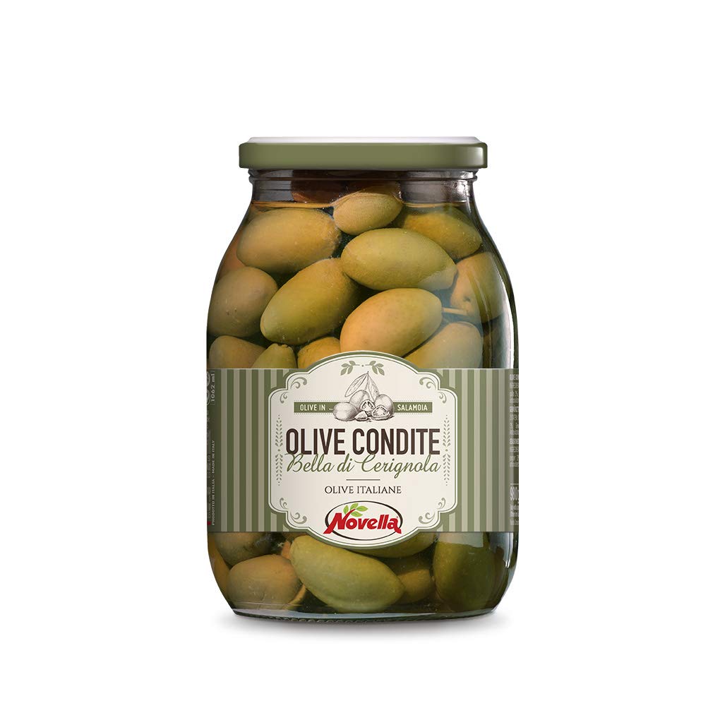 Novella Green Olives with Pits, Seasoned, 950g - Perfect for Salads, Charcuterie Boards & Mediterranean Recipes
