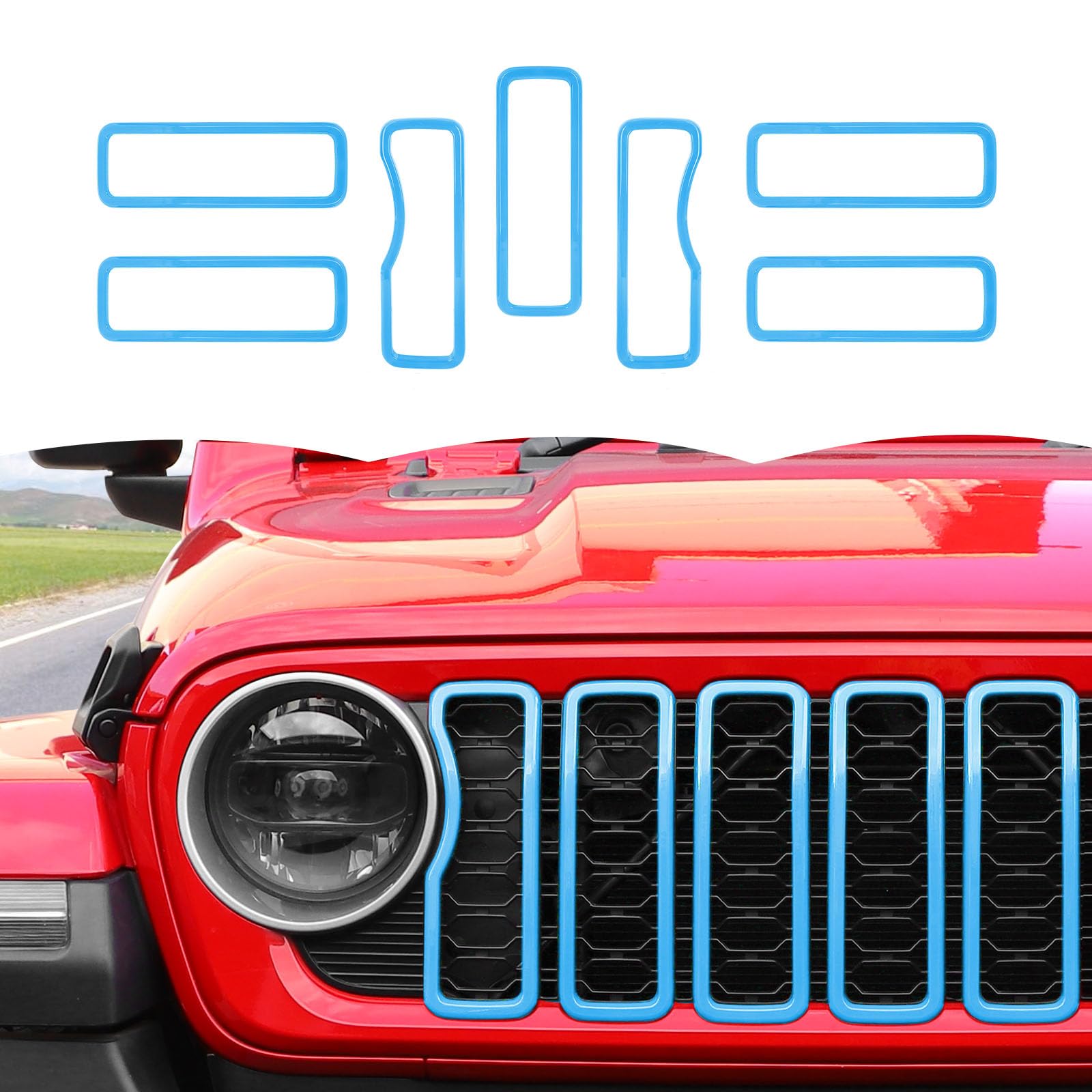 **2024+ Jeep Wrangler JL/JLU & Gladiator JT Front Grille Inserts – Light Blue Exterior Grill Decoration Accessories – Upgrade Your Off-Road Style**    *(Perfect for Off-Roading, Car Shows, and Custom Jeep Builds)*