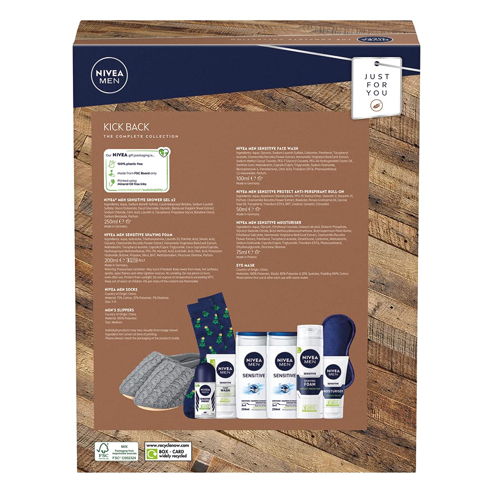 NIVEA MEN Kick Back Bumper Pack (5-Piece) Sensitive Skin Gift Set for Men - Includes Deodorant, Face Wash, Aftershave Balm, Moisturizer & Shower Gel - Perfect for Travel, Gifts & Daily Skincare Routine