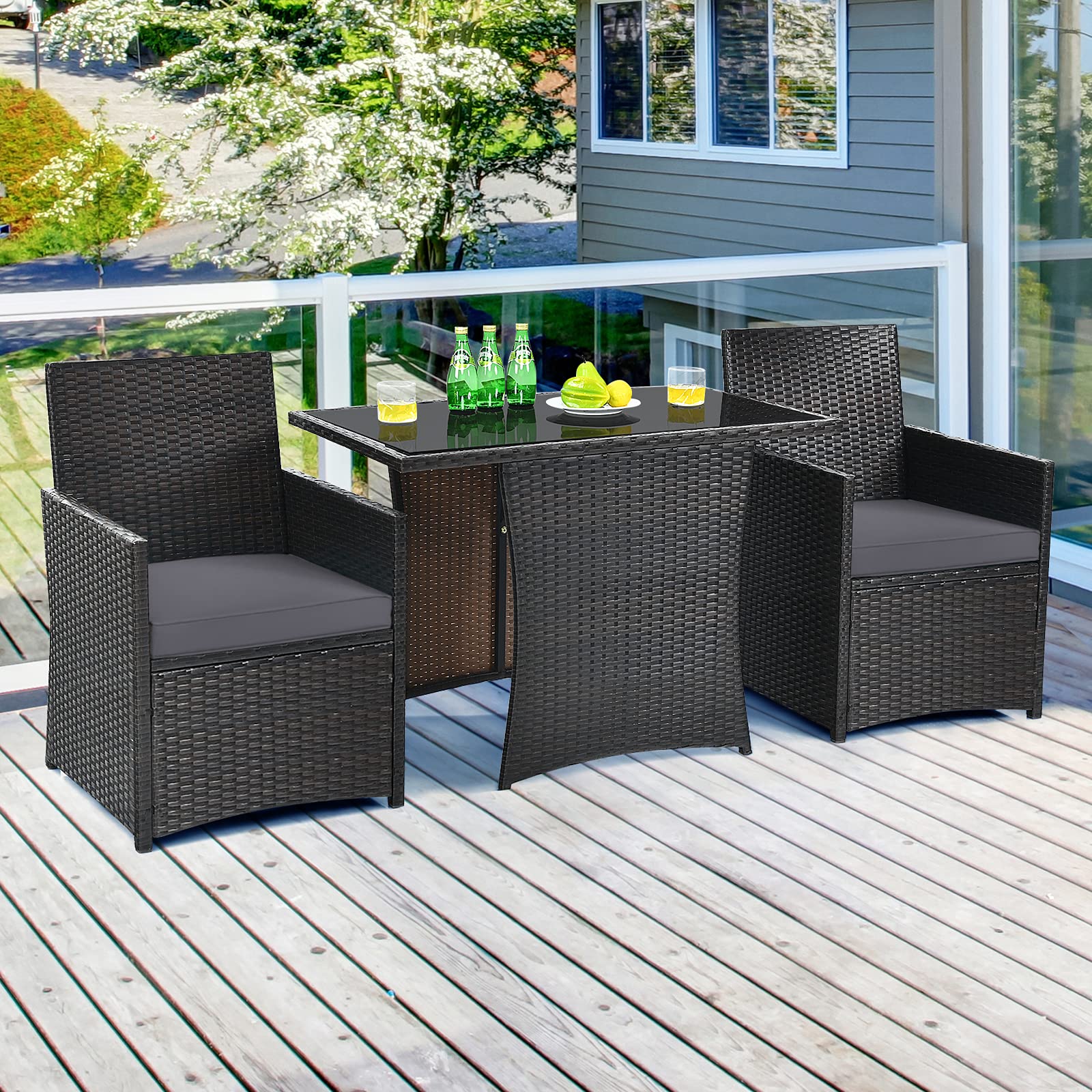 Tangkula 3-Piece Outdoor Dining Set - Space-Saving PE Rattan Bistro Set with Tempered Glass Table & Cushioned Chairs, Patio Conversation Set for Garden, Backyard, Poolside, Porch (Gray) - Perfect for Outdoor Entertaining, Relaxing & Dining Al Fresco