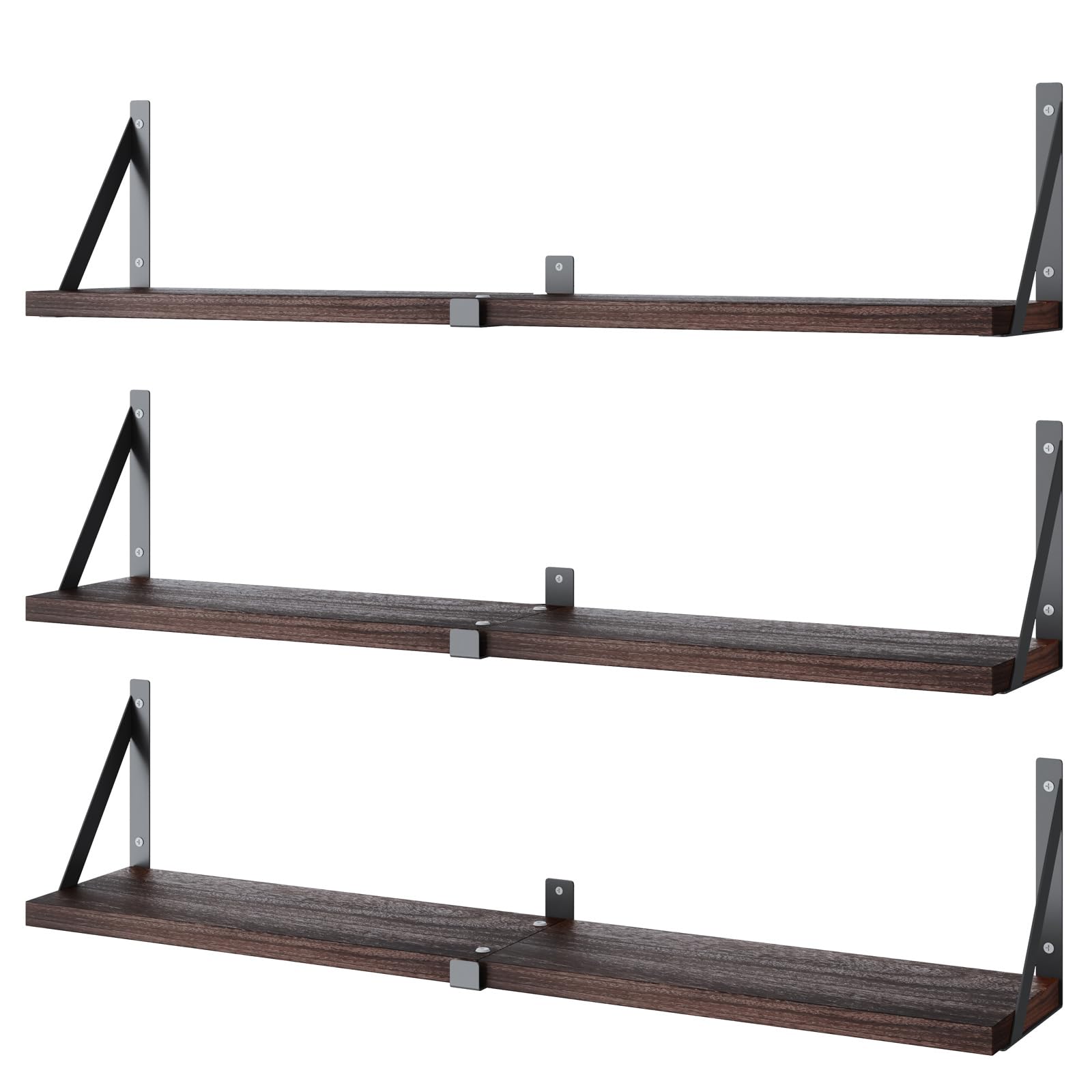 Floating Bookshelf Set of 3 - 33 Inch Wall Mounted Shelves for Living Room, Kitchen, Bathroom & Bedroom - Dark Brown Wooden Shelves for Home Organization & Decor - Perfect for Books, Plants & Decorative Display