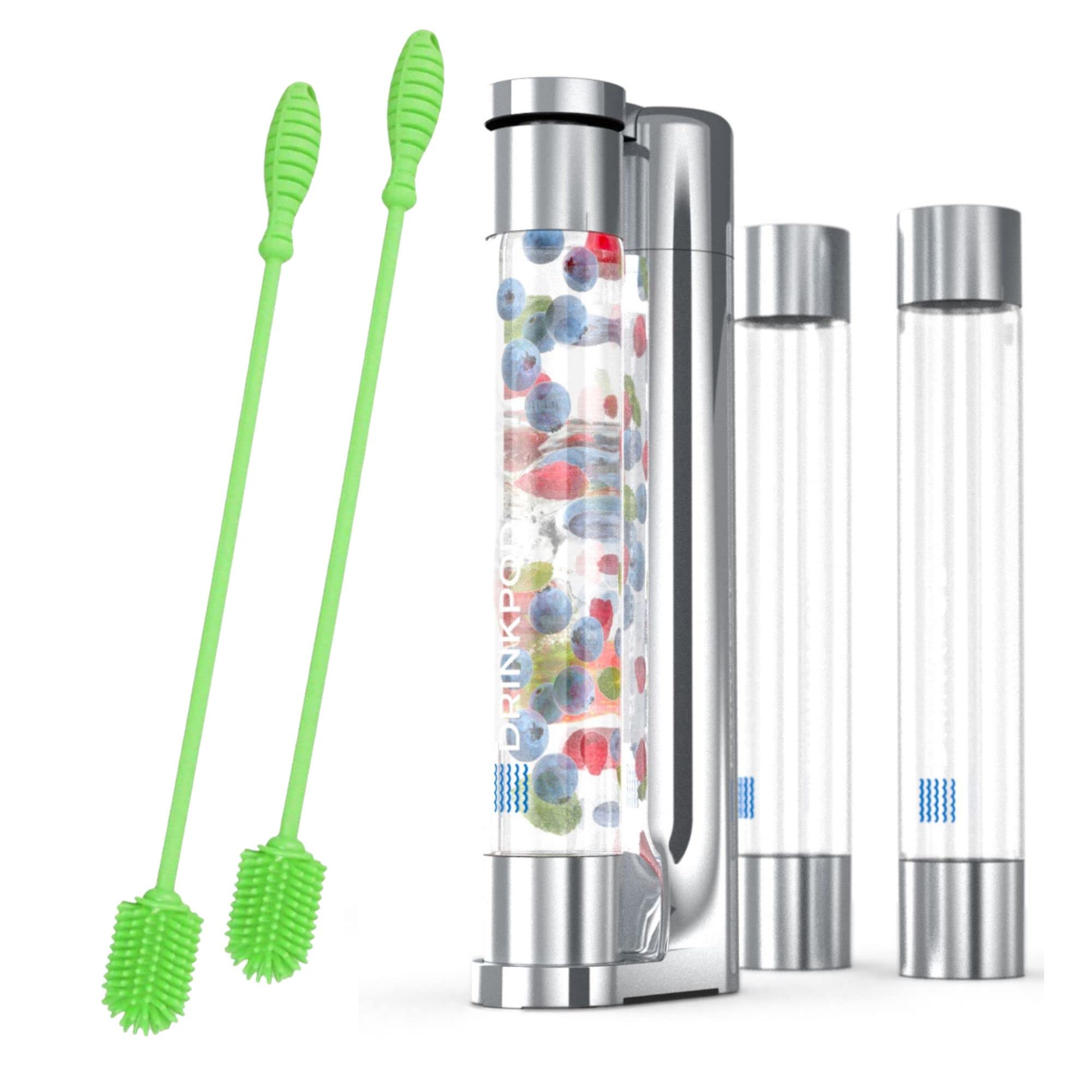 Fizzpod Soda Maker Machine for Home - Sparkling Water Carbonator with 3 PET Bottles, 3 Caps & Carbonator Cap - Make Fizzy Drinks, Coffee, Tea & Cocktails - Perfect for Parties, Kitchen & Healthy Lifestyle (Chrome+2GreenBrush)