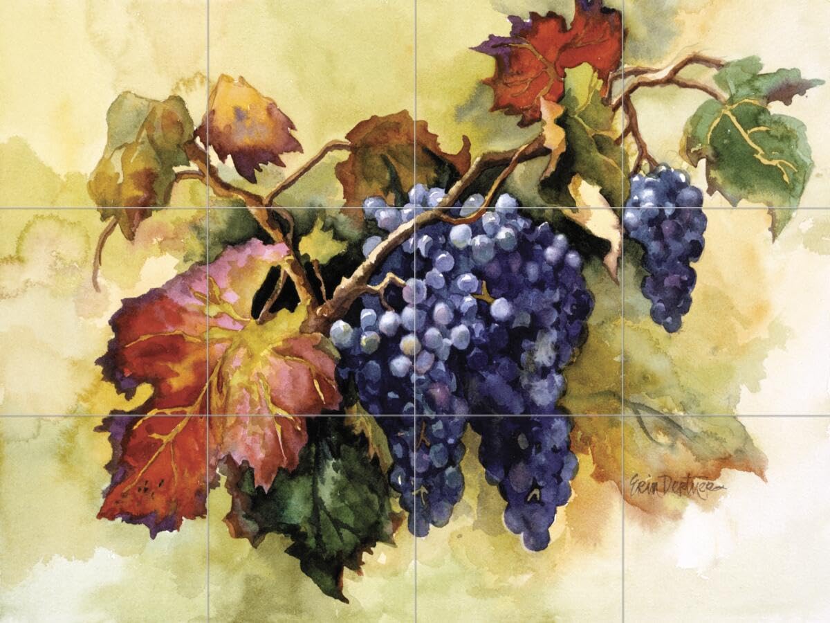 Ceramic Backsplash Tile Mural - Grapes Harvest Design by Erin Dertner for Kitchen Decor | Perfect for Farmhouse, Rustic & Vintage Style Kitchens