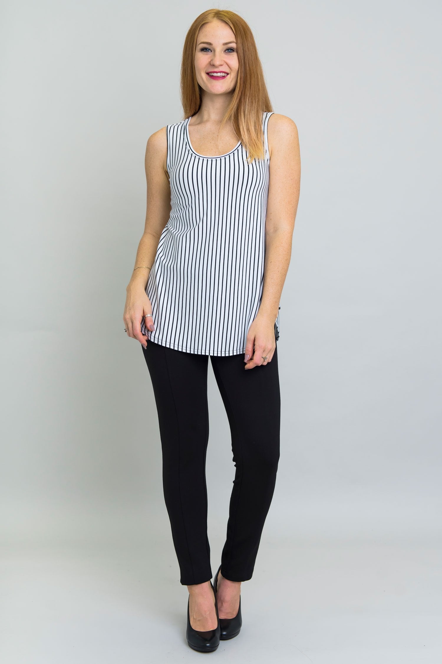 Jazz Tank Top - White & Black Small Stripe Bamboo Fabric Women's Casual Shirt | Perfect for Summer Outfits, Beach Wear, and Music Festivals