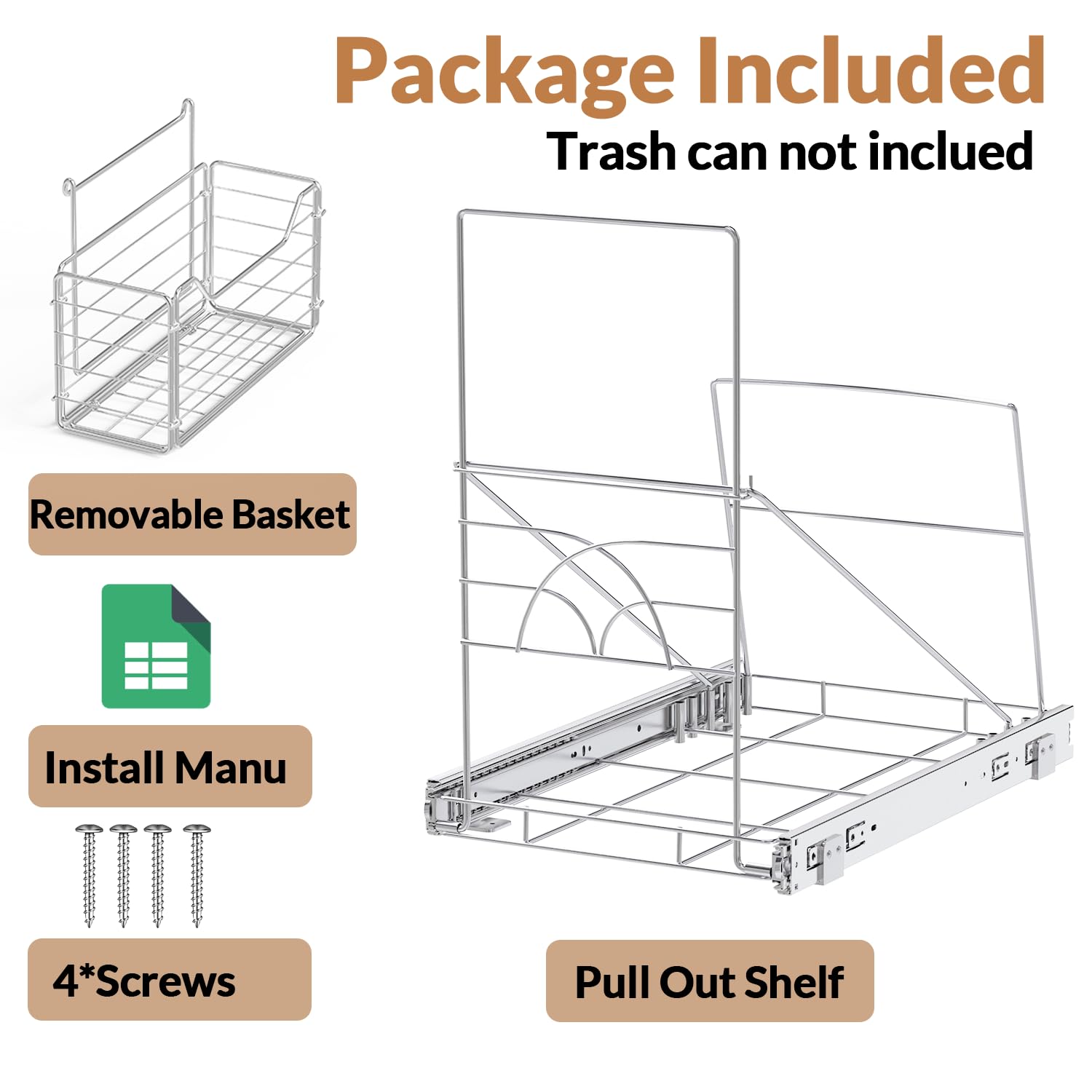 Under Sink Pull Out Trash Can Shelf - Adjustable & Space Saving Cabinet Organizer for 7-11 Gallon Bins with Removable Front Basket (Trash Can Not Included) | Perfect Kitchen Storage Solution for Small Spaces