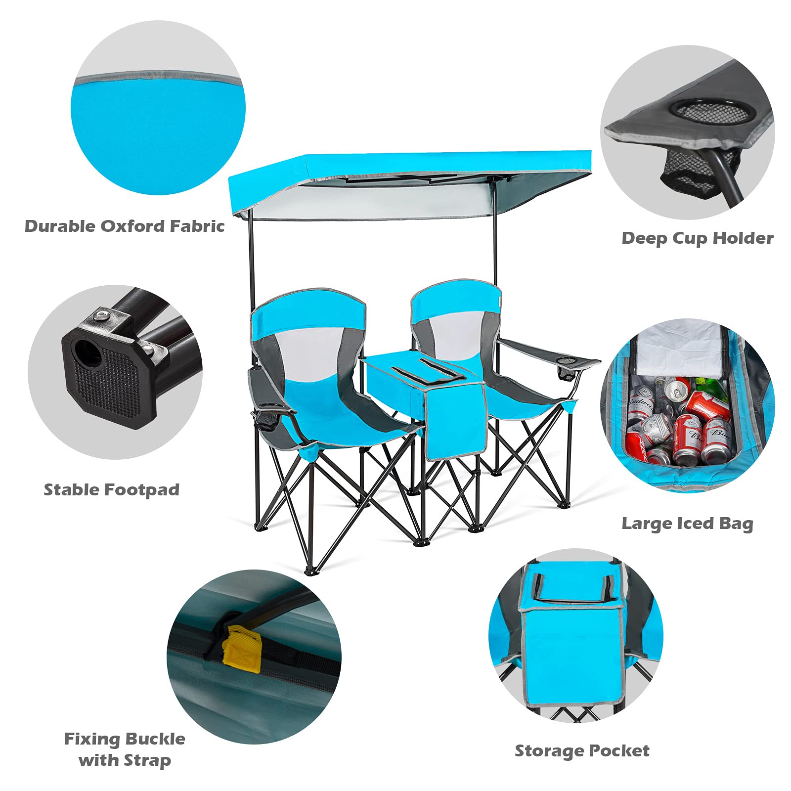 Goplus Double Beach Chair with Canopy Shade - Portable Folding Lawn & Camping Chair with Sunshade, Mini Table, Beverage Holder & Carrying Bag - Perfect for Outdoor Travel, Hiking, Fishing, Poolside Relaxation (Blue)