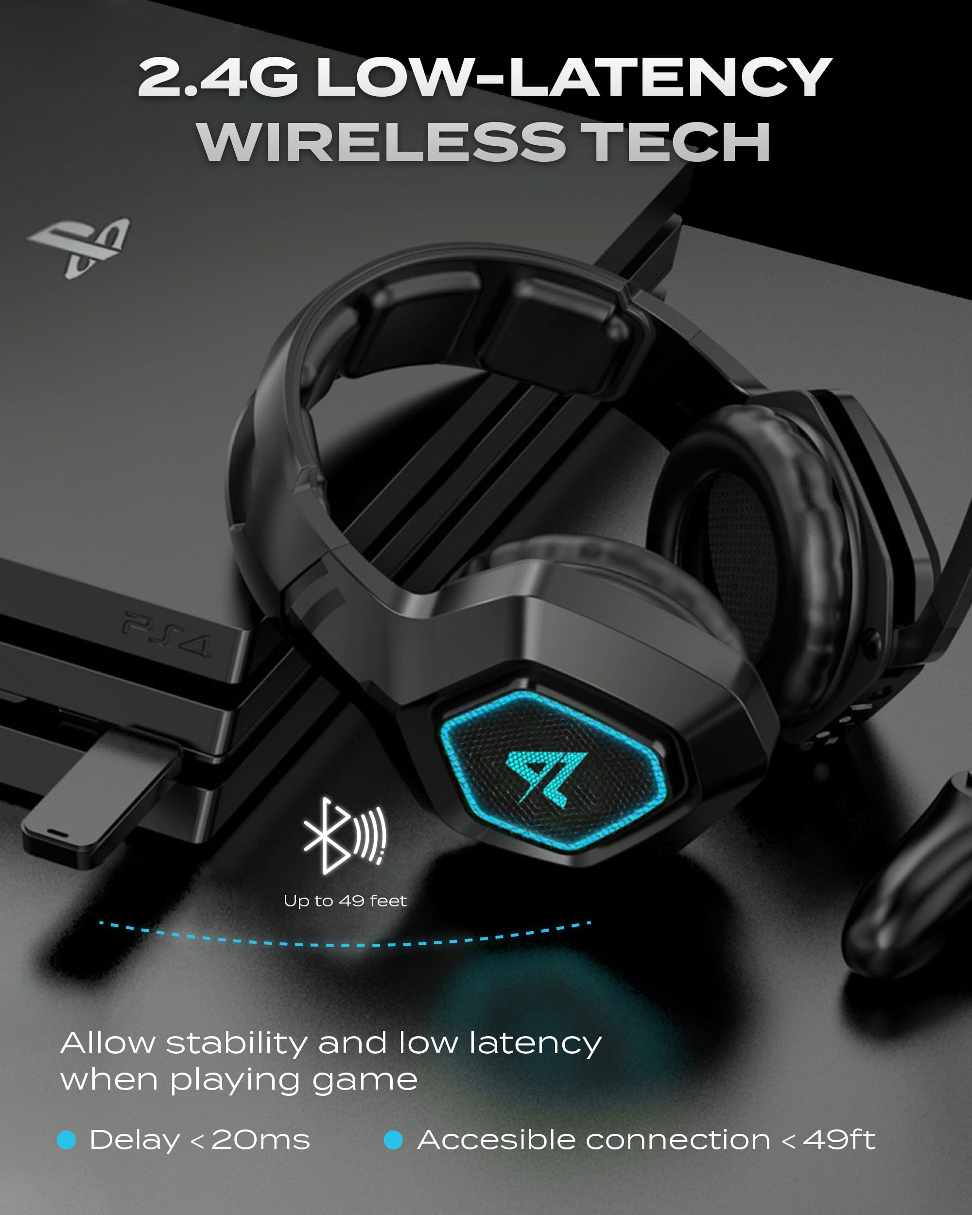 Aimzone Wireless Gaming Headset with Noise Canceling Mic - Bluetooth & 2.4GHz Dual Mode, 7.1 Surround Sound, Memory Foam Earcups, LED Lights for PC/PS5/Xbox/Switch/Mobile Gaming (Black) - Perfect for Competitive Gaming & Late-Night Sessions